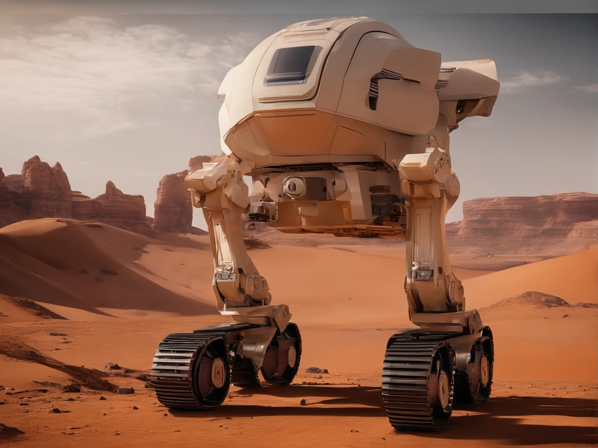 There are many houses on the desolate Mars that use materials from Mars，Realism，There is a robotic arm construction vehicle with a nozzle building a house