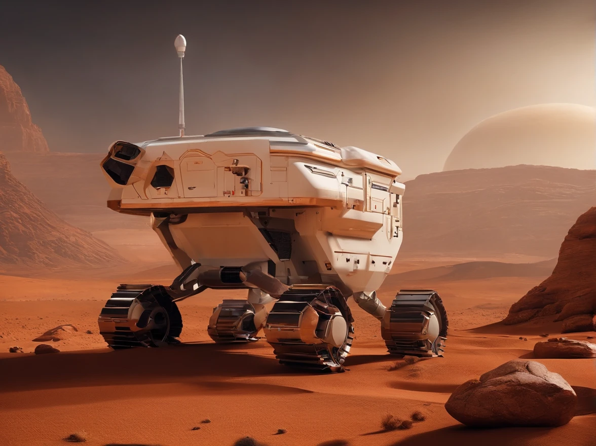 There are many houses on the desolate Mars that use materials from Mars,Realism,There is a robotic arm construction vehicle with a nozzle building a house