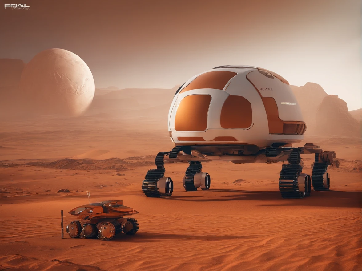 There are many houses on the desolate Mars that use materials from Mars,Realism,There is a robotic arm construction vehicle with a nozzle building a house