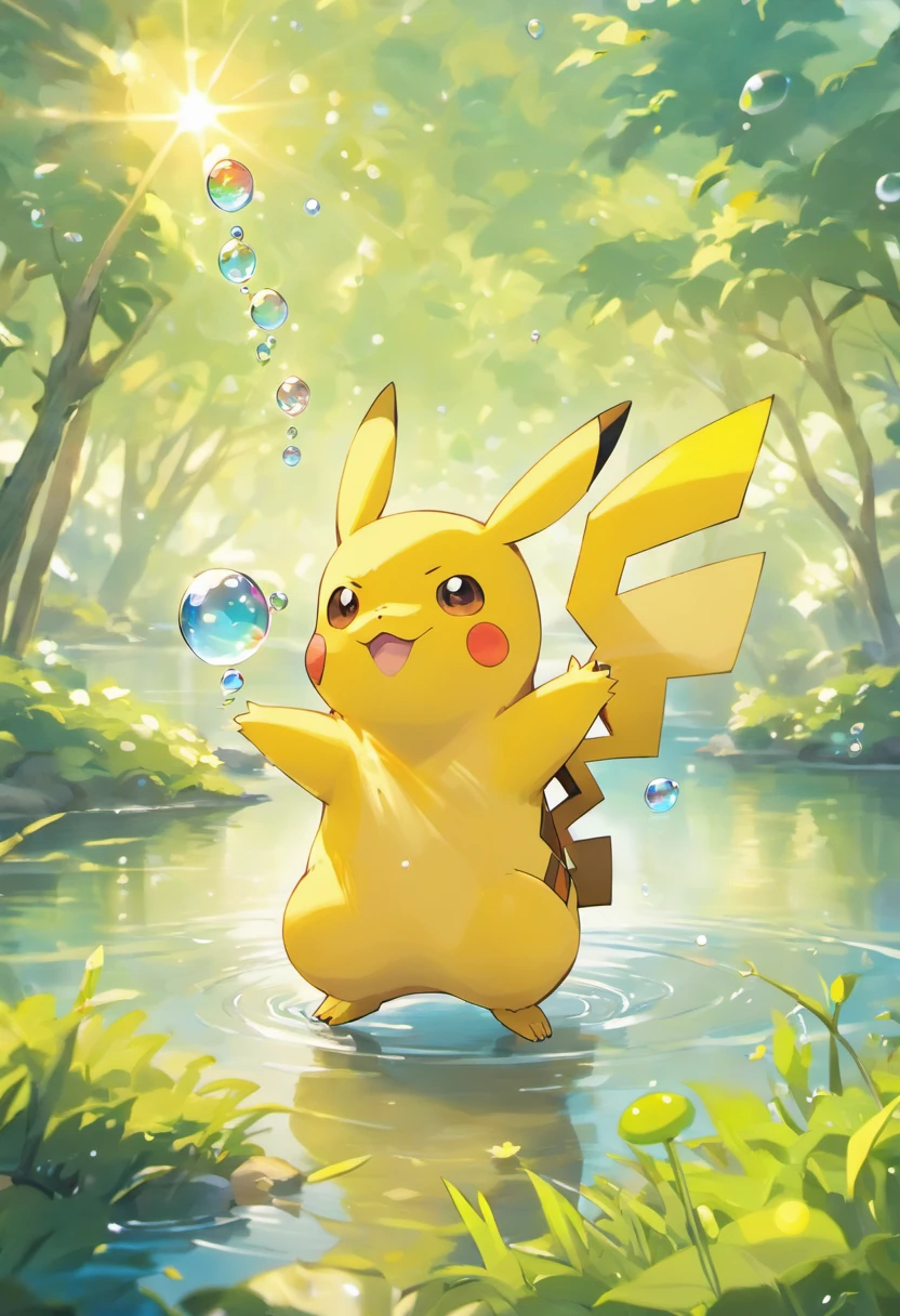 A poignant ultra-high-definition 3D scene showing Pikachu making a wish next to a tranquil lake. Pikachu, lindamente renderizado em detalhes, is seen gently blowing bubbles into the air, each carrying a hopeful desire. As bolhas captam o reflexo do sol poente, criando um sonhador, magical effect. The general atmosphere is tender, full of hope and serenity