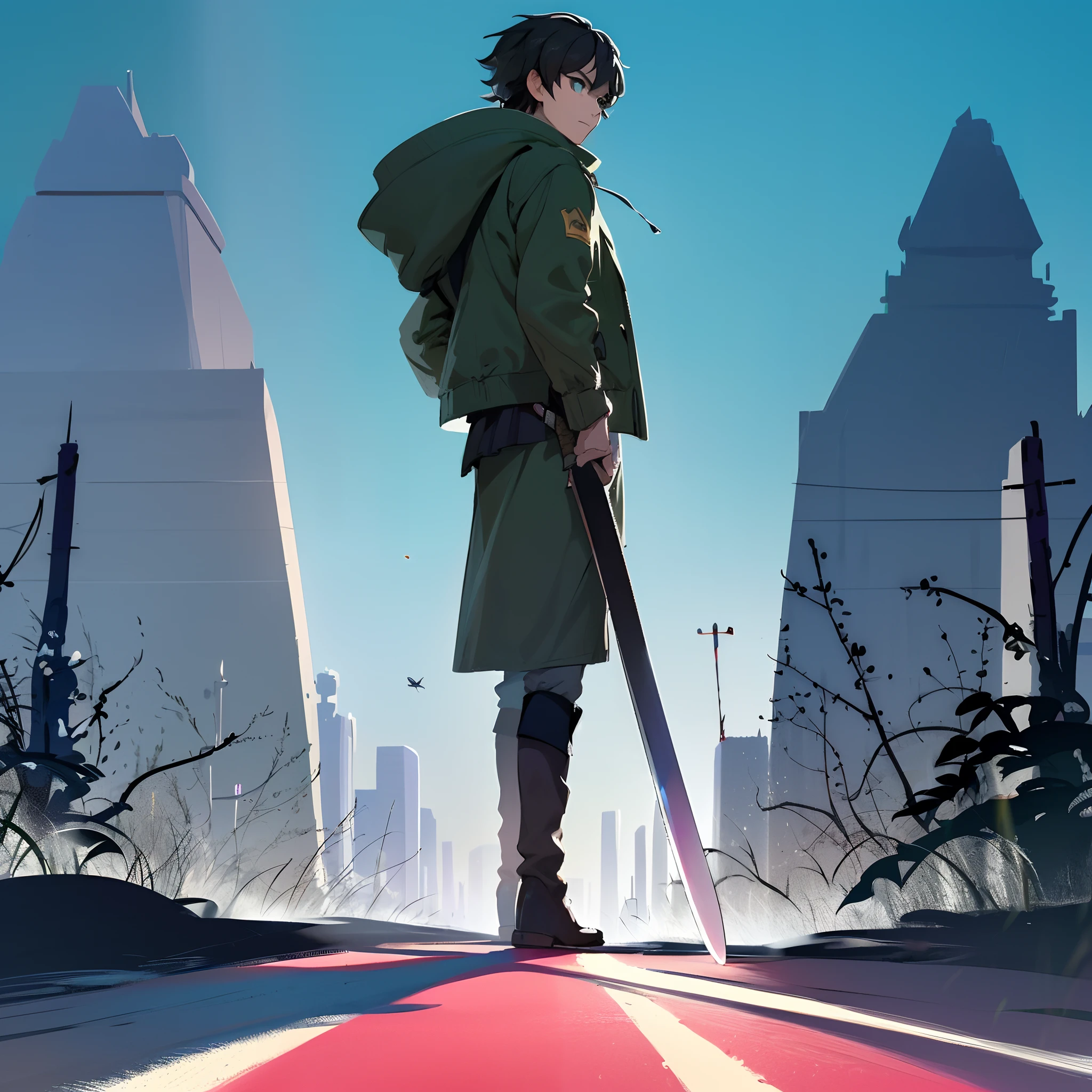 Disney Pixar poster, that say "Andre"a man, 159cm tall, dark green parka jacket, gray trousers, black underwear, black boots, carrying a large sword in his hand, black hair parted in the middle, sharp yellow eyes, alone at the tip of a towering mountain, highest image quality,