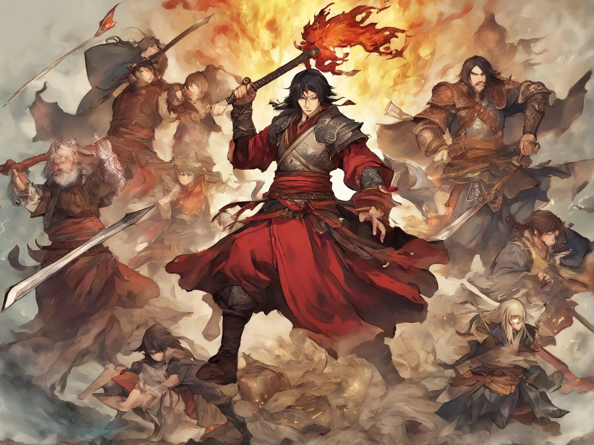 ultra - detailed, photorealistic image, Tense battles, Nervous facial expressions, bloods, Fire Samurai, fire force, conflict, combats, Fire explosions, Bright sparks, People with firepower, Monstrouso, their, Japanese feudal culture, Personality is alone, rpg game, dungeons and dragons
