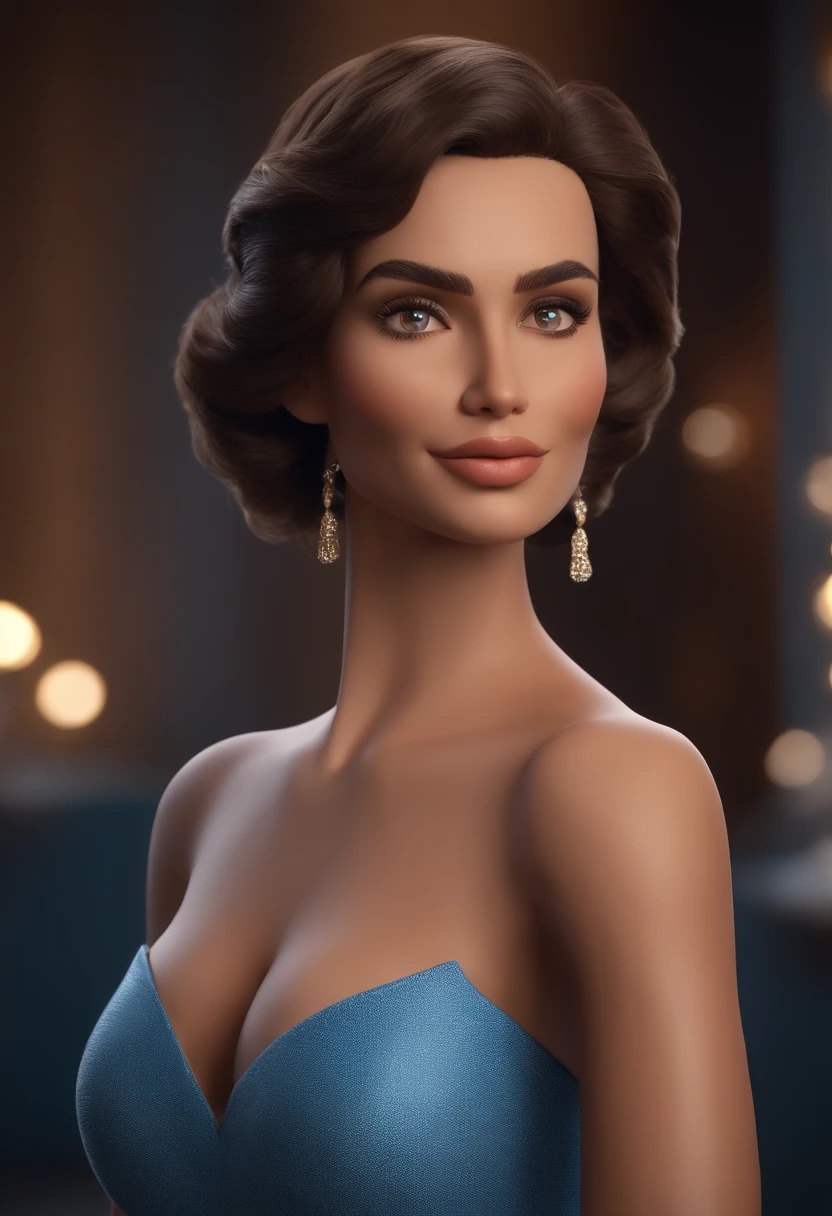 personagem dos desenhos animados de uma mulher com vestido azul de bolinhas brancas Mangas bufantes, animation character, Caractere estilizado, animation style rendering, 3D estilizado, Arnold Maya render, 3 d render stylized, toon render keyshot, Personagem 3D, Personagem 3D, 3d rendering stylized, 3 d character render, personagem de desenho animado, Personagem de close up, Pose de personagem, (Estilo Pixar) (master part:1.2) (Bokeh) (best quality) (pele detalhada) (textura detalhada) (8k) (marrom) (Cinematic lighting) (foco nítido) cabelo curto preto, liso