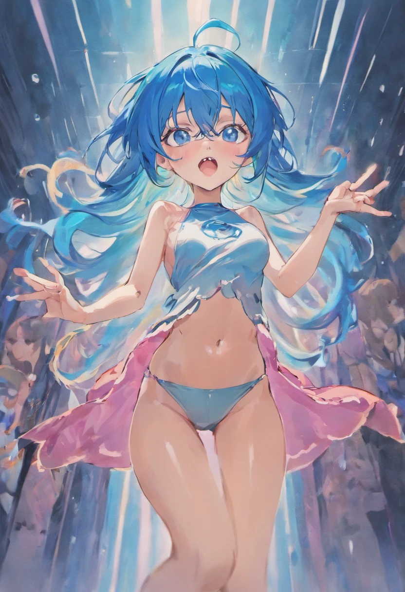 Female characters Long hair Wear glasses blue hair, blue eyes, nude, lower body, pink, armpits, open mouth, tongue stick, wet, medium breasts, look at the audience, provoke emotion