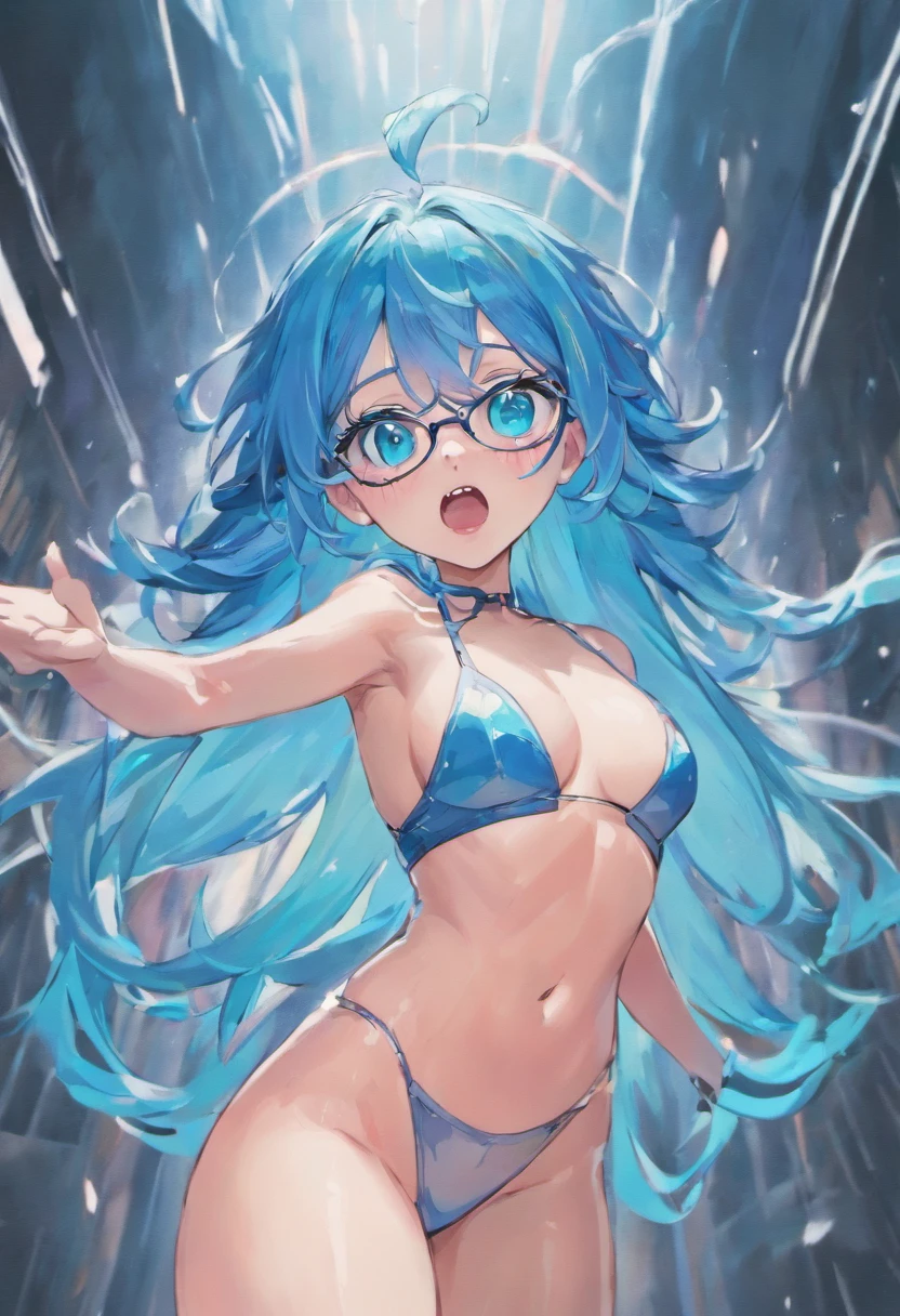 Female characters Long hair Wear glasses blue hair, blue eyes, nude, lower body, pink, armpits, open mouth, tongue stick, wet, medium breasts, look at the audience, provoke emotion