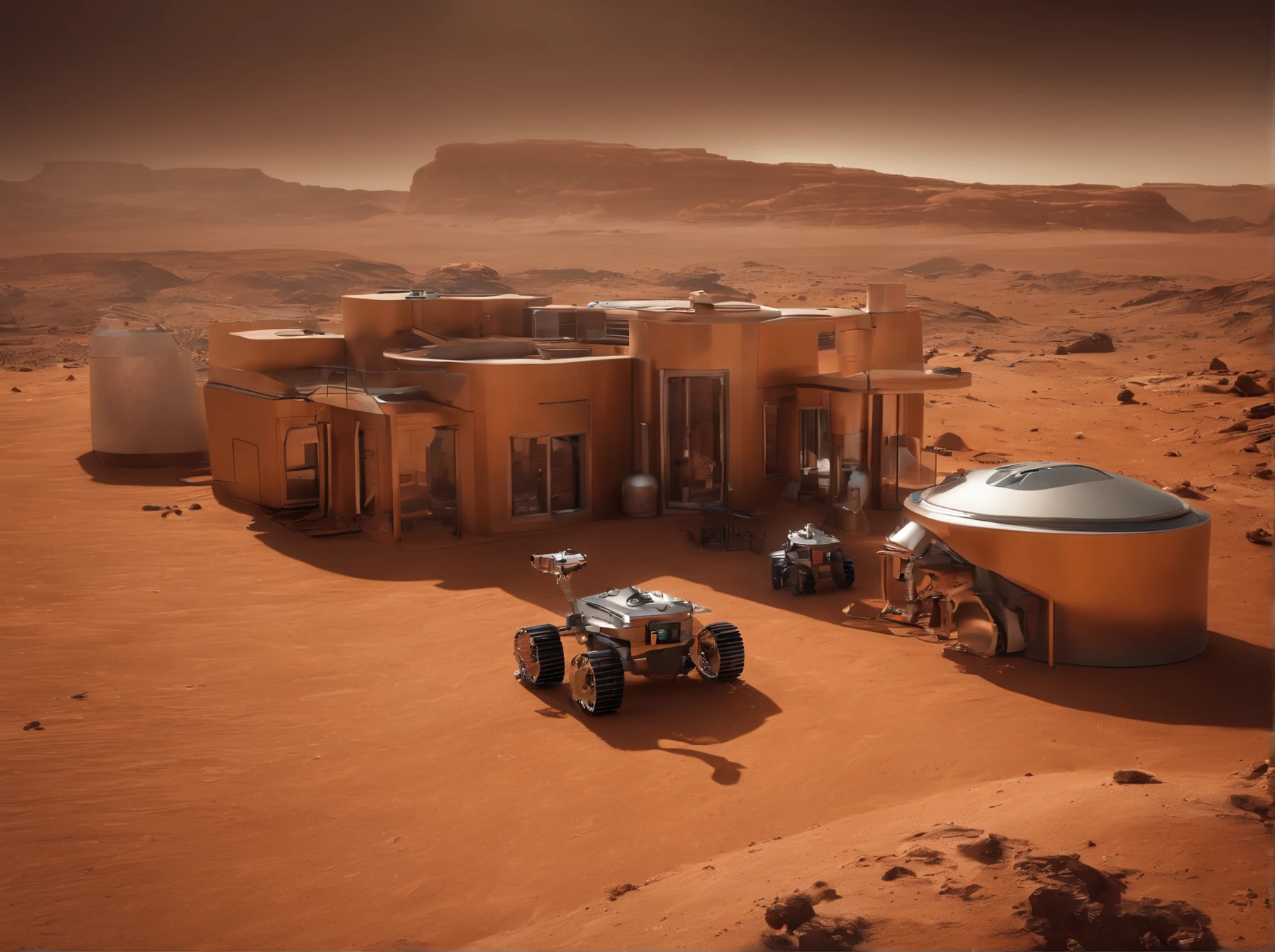 There are many houses on the desolate Mars that use materials from Mars,Realism,There is a robotic arm construction vehicle with a nozzle building a house