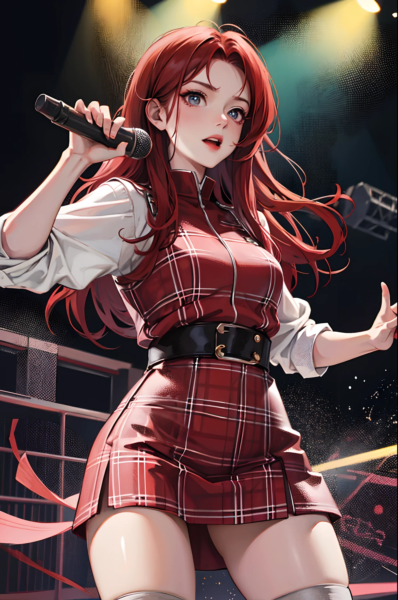 A girl standing on a stage，Red hair，holding a mic，Energetic