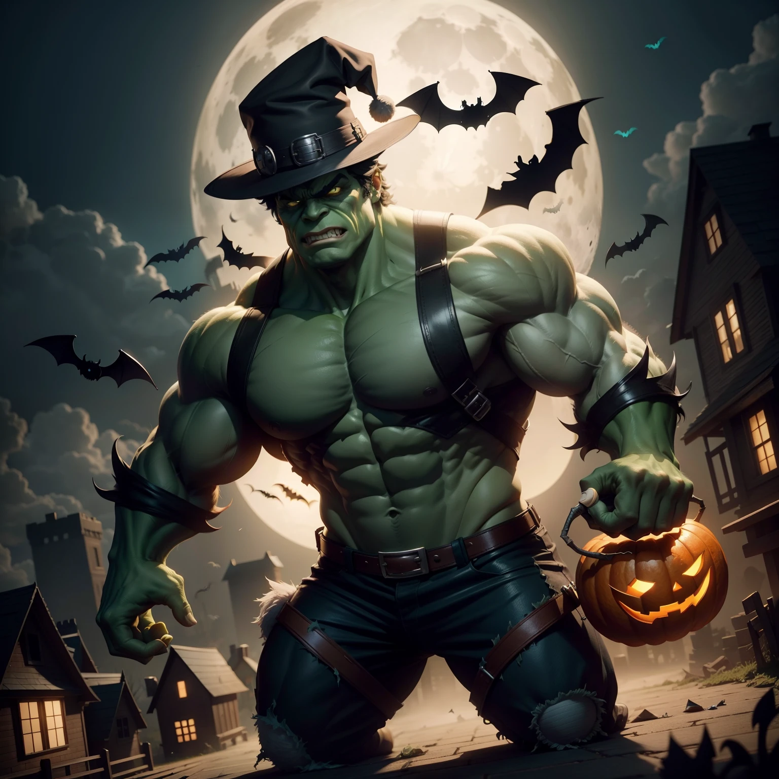 Hulk wearing a cute Halloween hat，（master-piece，bestquality：1.2），Best Lights，best shadows，Show background, . . . . . . . . . . . .bat,full big moon,Old House,stylized 3d render