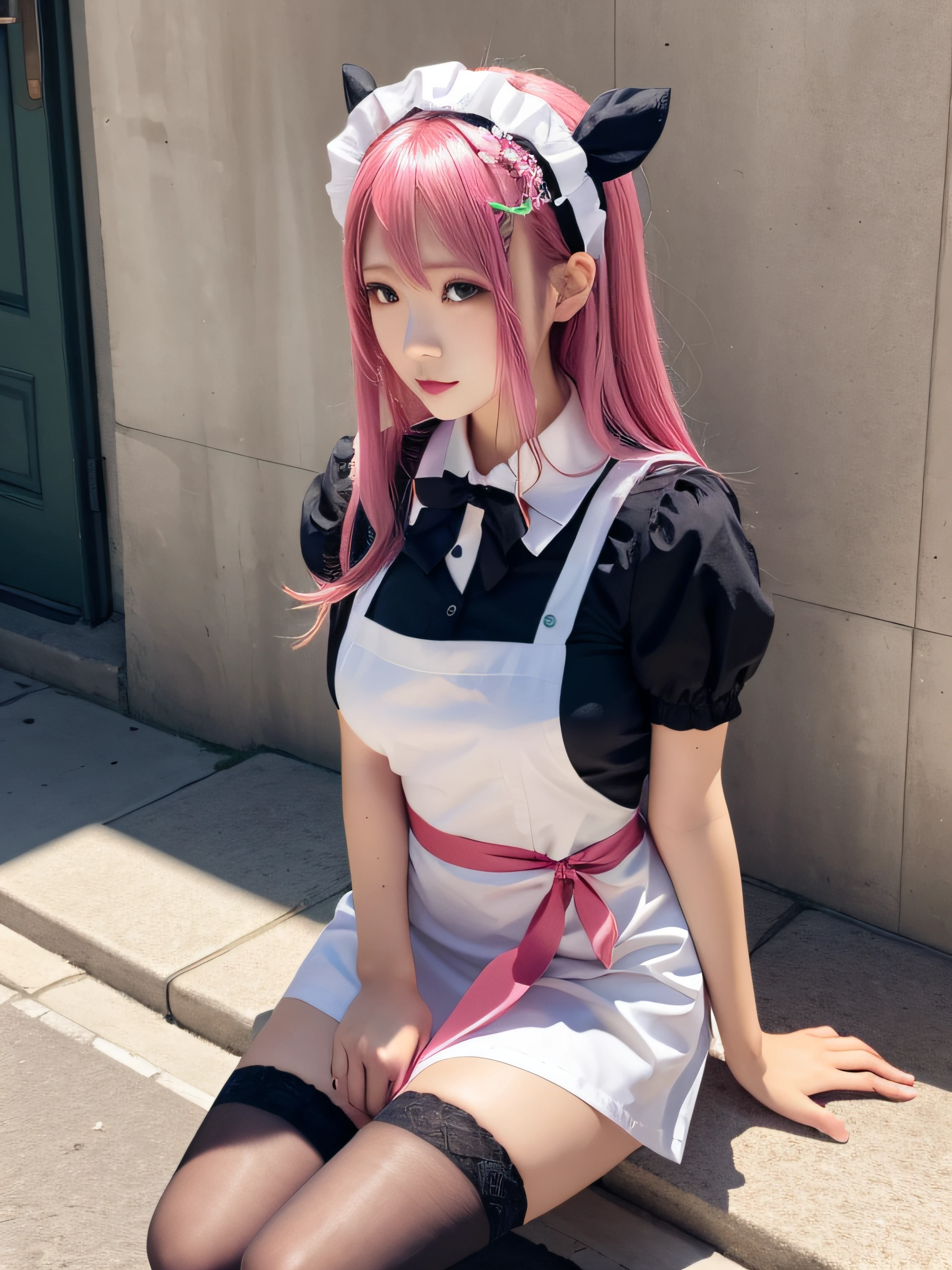 1girl in, Apron, Bow, cube hair ornament, Dress, frilld, gloom (expression), Hair Ornament, heart mark, heart hands, Long hair, Looking away, maid, maid apronl, Maid headdress, mary janes, One side up, Pink hair, Shaded face, shoes, Short dress, Solo, sweat drop, thighs thighs thighs thighs, white thighhig, zettai ryouiki,