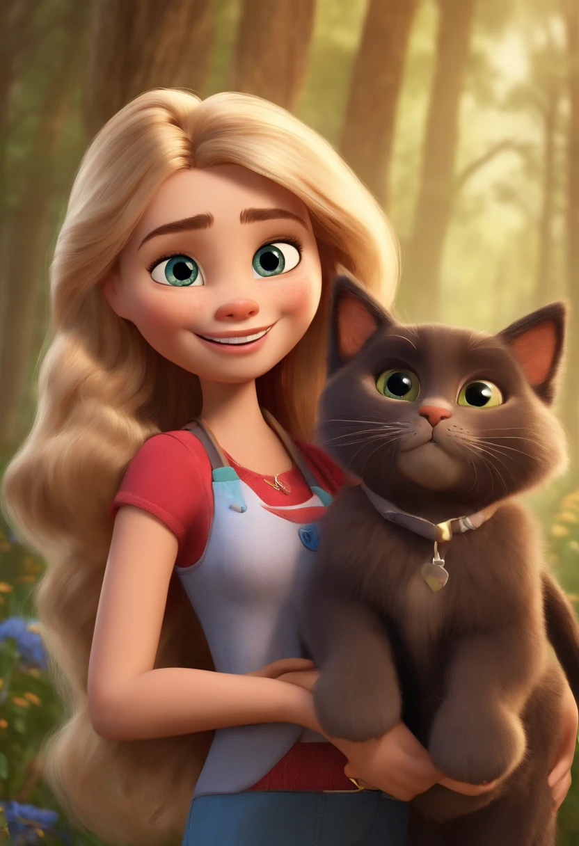 Create a pixar-style character blonde veterinarian with a long hair hazel eyes with a dog and a cat with her