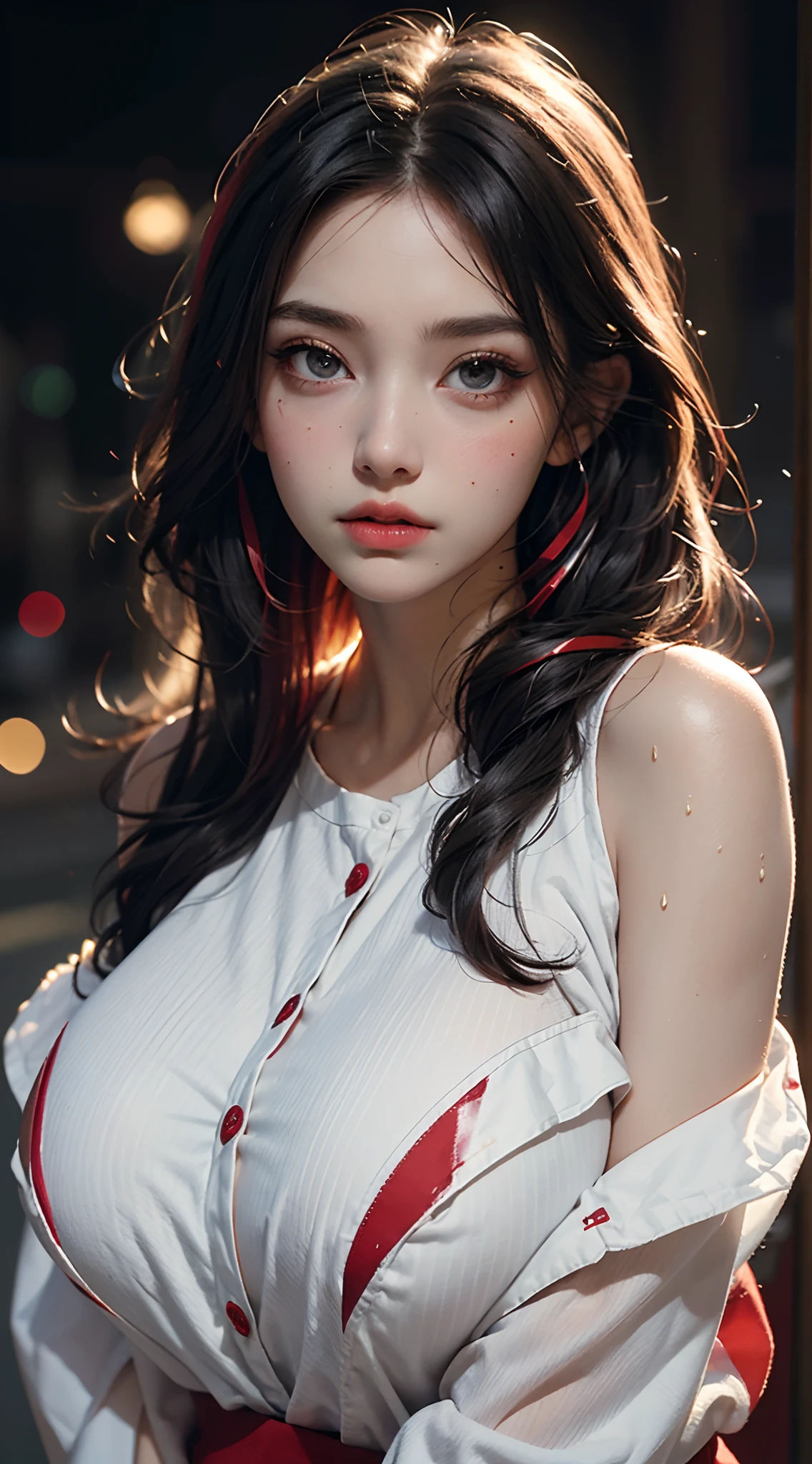 Best quality, masterpiece, super high resolution, (fidelity: 1.4), original photo, 1girl, goose egg face, big eyes, huge breasts, transparent shirt, long eyelashes, painted light makeup, black hair, red highlights in hair, red stripes in hair, off-the-shoulders, shirt, movie lighting, summer evening, heat, sweat
