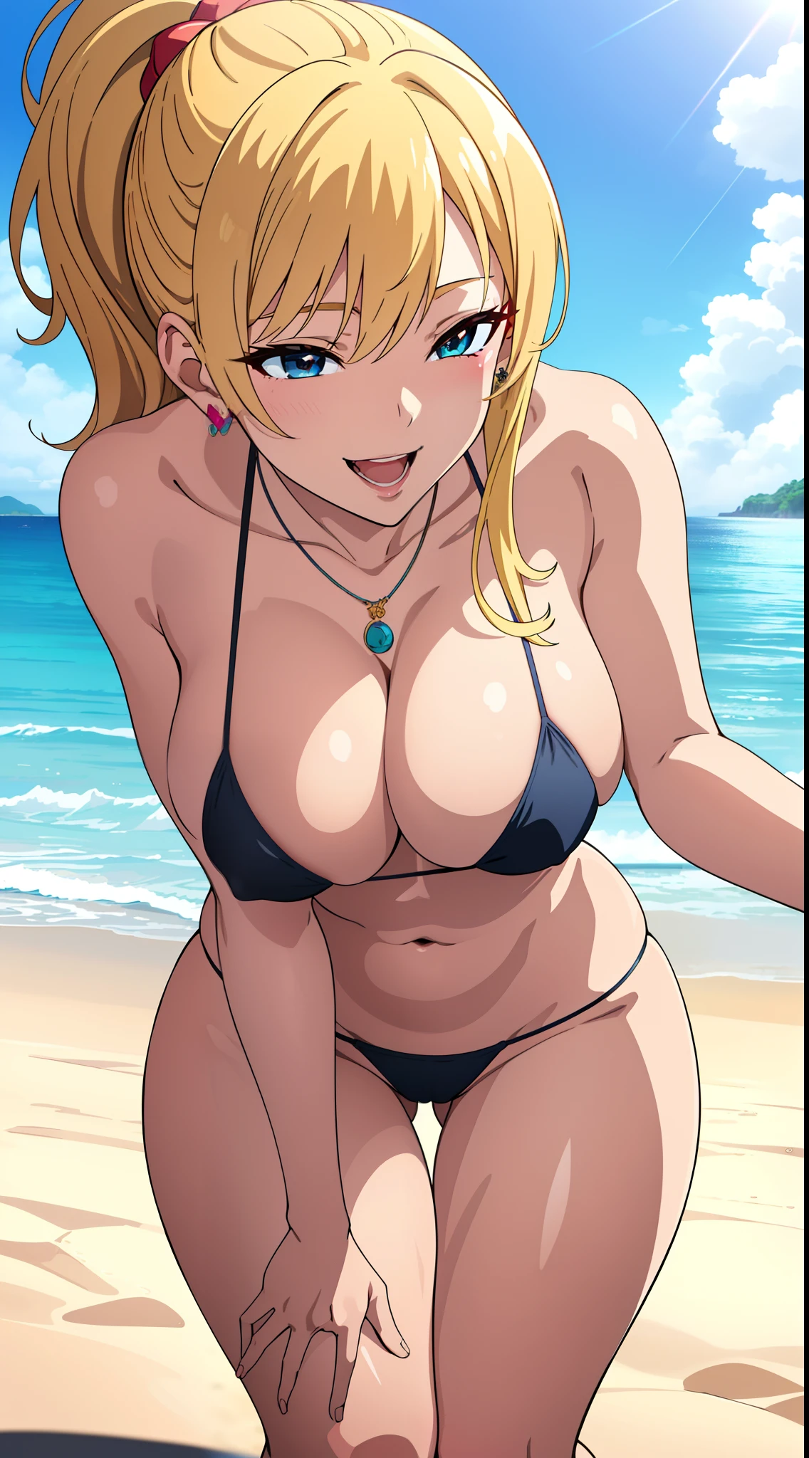 (best quality:1.5, highres, UHD, 4K, detailed lighting, shaders), blonde ponytail, necklace, earrings, hot, large breasts, bikini, thighs, sexy, erotic, lewd, seductive, ecchi, hentai, porn, crotch, (pov, close shot), smiling, beach background, open mouth, horny