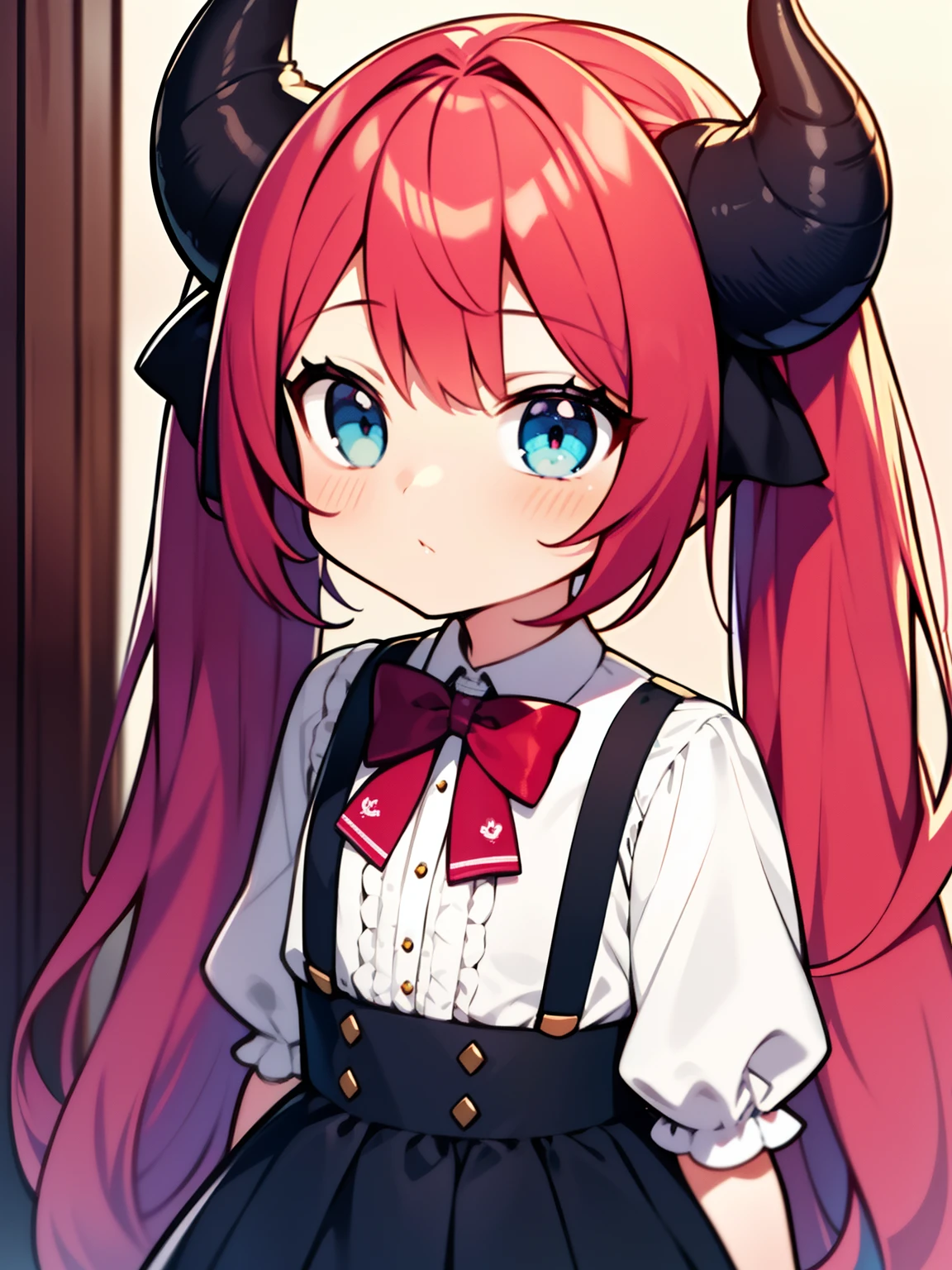 {{best quality}}, {{masterpiece}}, {{ultra-detailed}}, {illustration}, {detailed light}, red hair,blue eyes,twintails,lolita,Suspenders skirt,Fantastic,loli,solo,Dragon horns,little girl,long hair