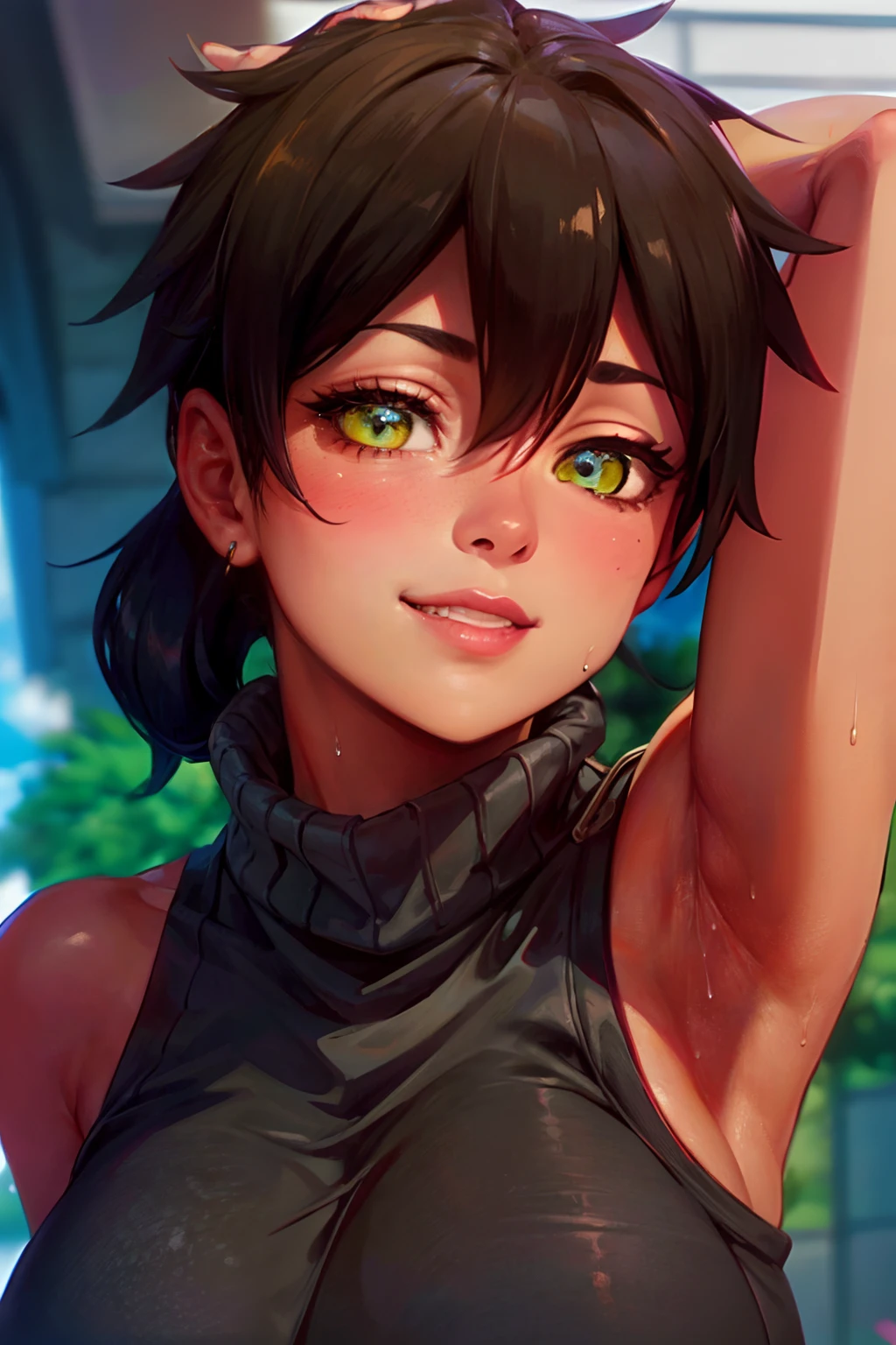 Perfect, masterpiece, (best quality, highres:1.2), 1girl, beautiful detailed eyes, beautiful detailed lips, extremely detailed eyes and face, long eyelashes, medium:oil painting, vivid colors, HDR, studio lighting, ultra-fine painting, sharp focus, physically-based rendering, extreme detail description, portraits, ((organized fingers)), curvy body, big breasts, perfect shape, facing viewer, sweaty, gorgeous, ((arms up)), sleeveless turtleneck, straddling, smiling