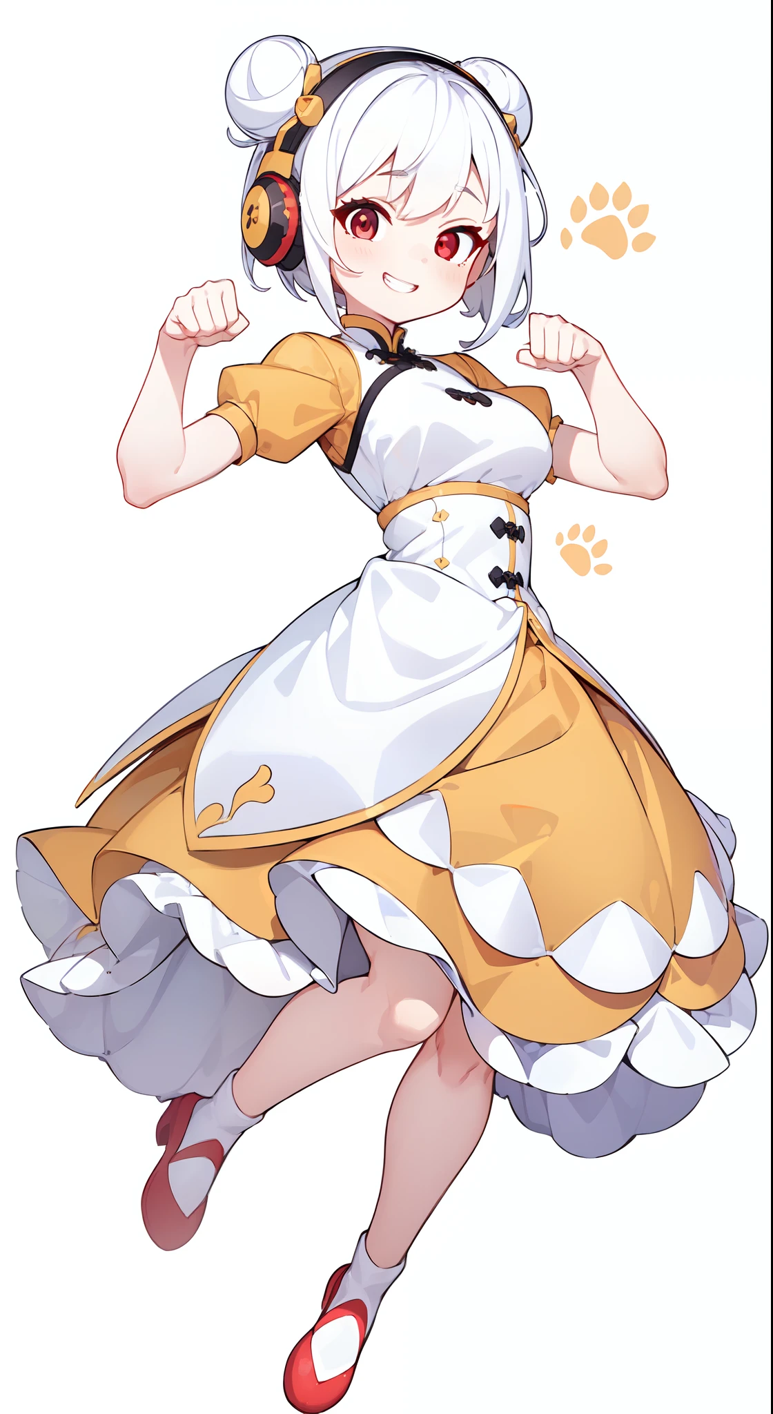 ((((White background))))、((((Full body))))、masutepiece,Best Quality,ultra-detailliert, (amarelo)qipao dress(amarelo)、a short skirt、white  hair、Medium Hair、Bun、red eyes、headphones、Jumping、medium breasts、PAW Pose、grin,