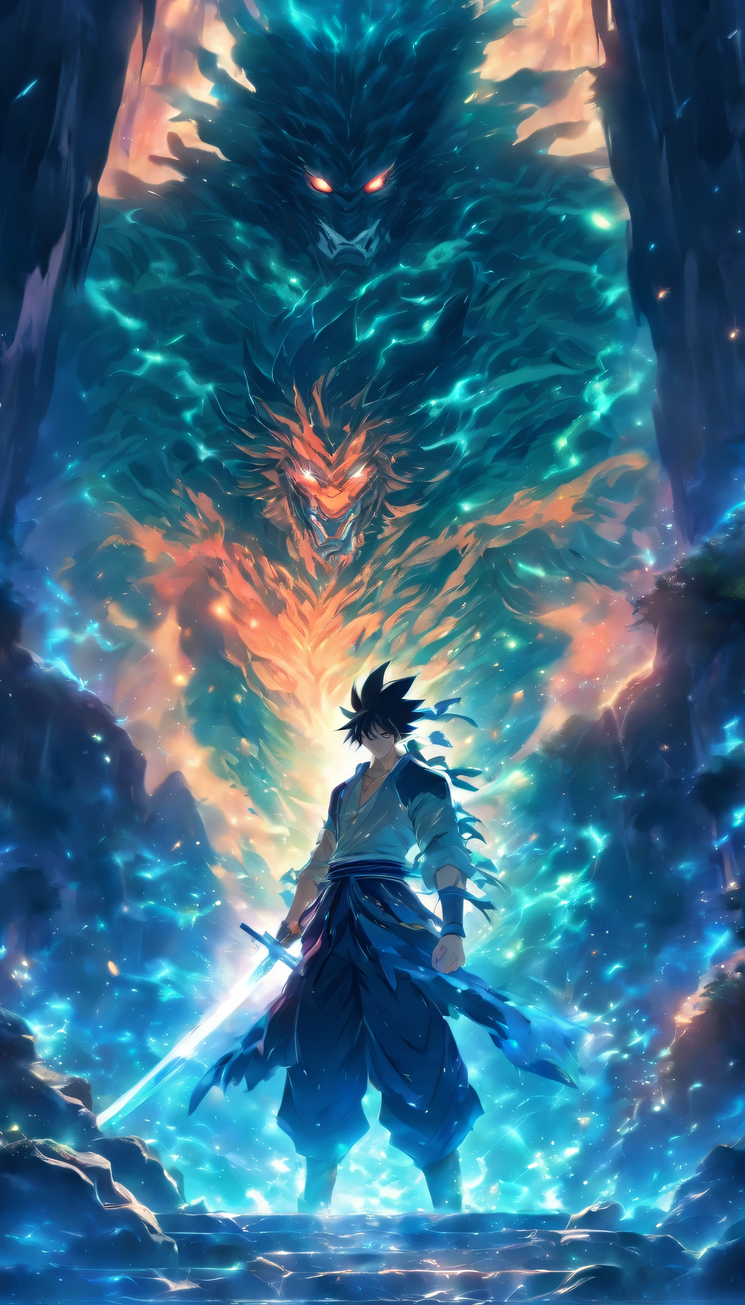 A handsome and ruthless man standing at the entrance of a dark cave, holding a sharp sword, with ferocious monsters and a dark aura behind him, ,32k, best quality, masterpiece, super detail, high details, by Makoto Shinkai ,in the style of the stars art group xing xing,
