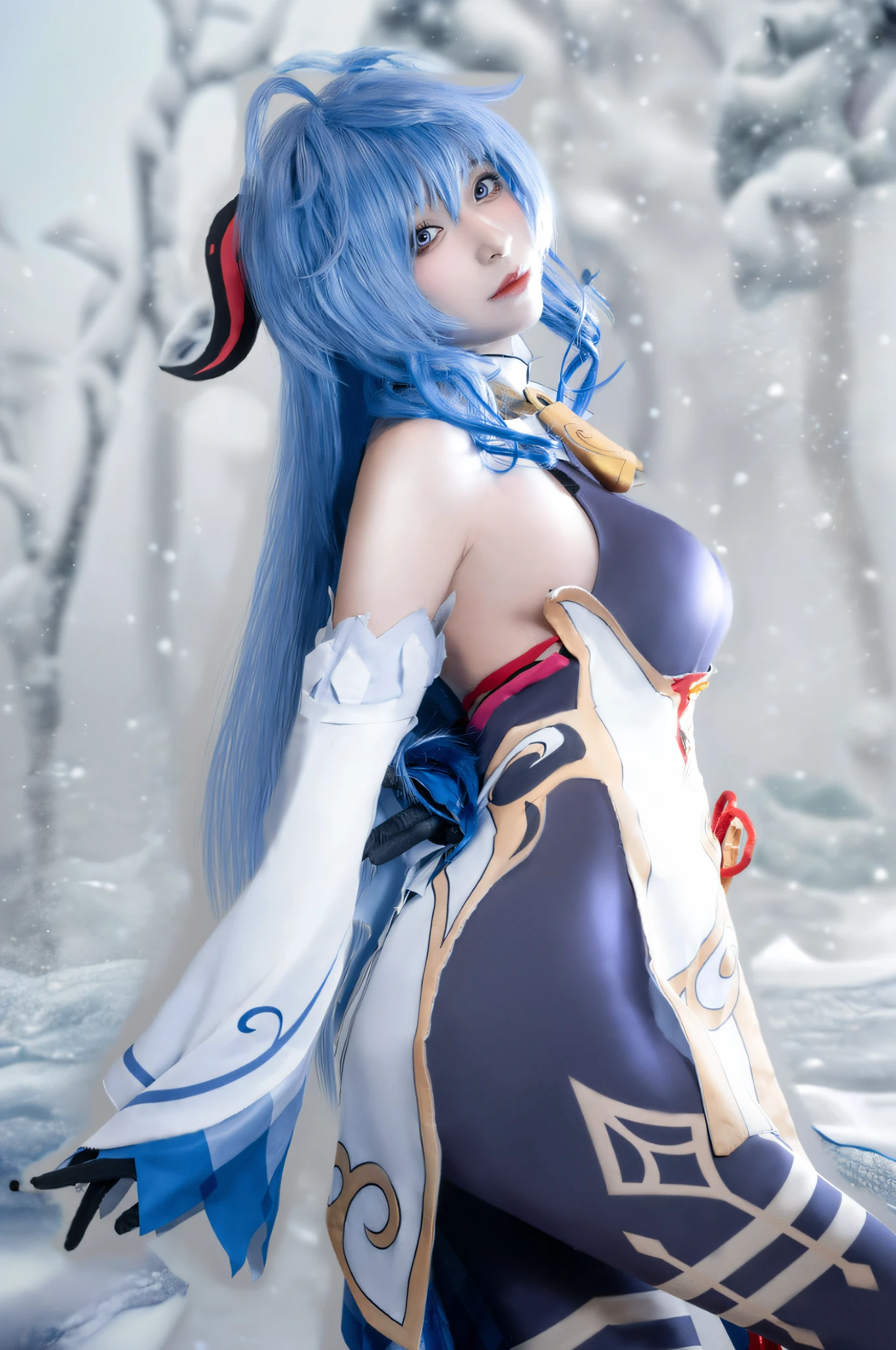 best quality,masterpiece,Ultra-high resolution,photoactual:4:0,In front of the Ice Crystal Palace,An ice goddess,Head style,Long flowing blue hair,Big breasts,Wearing a blue and white Japanese miko costume,Holding an ice crystal staff