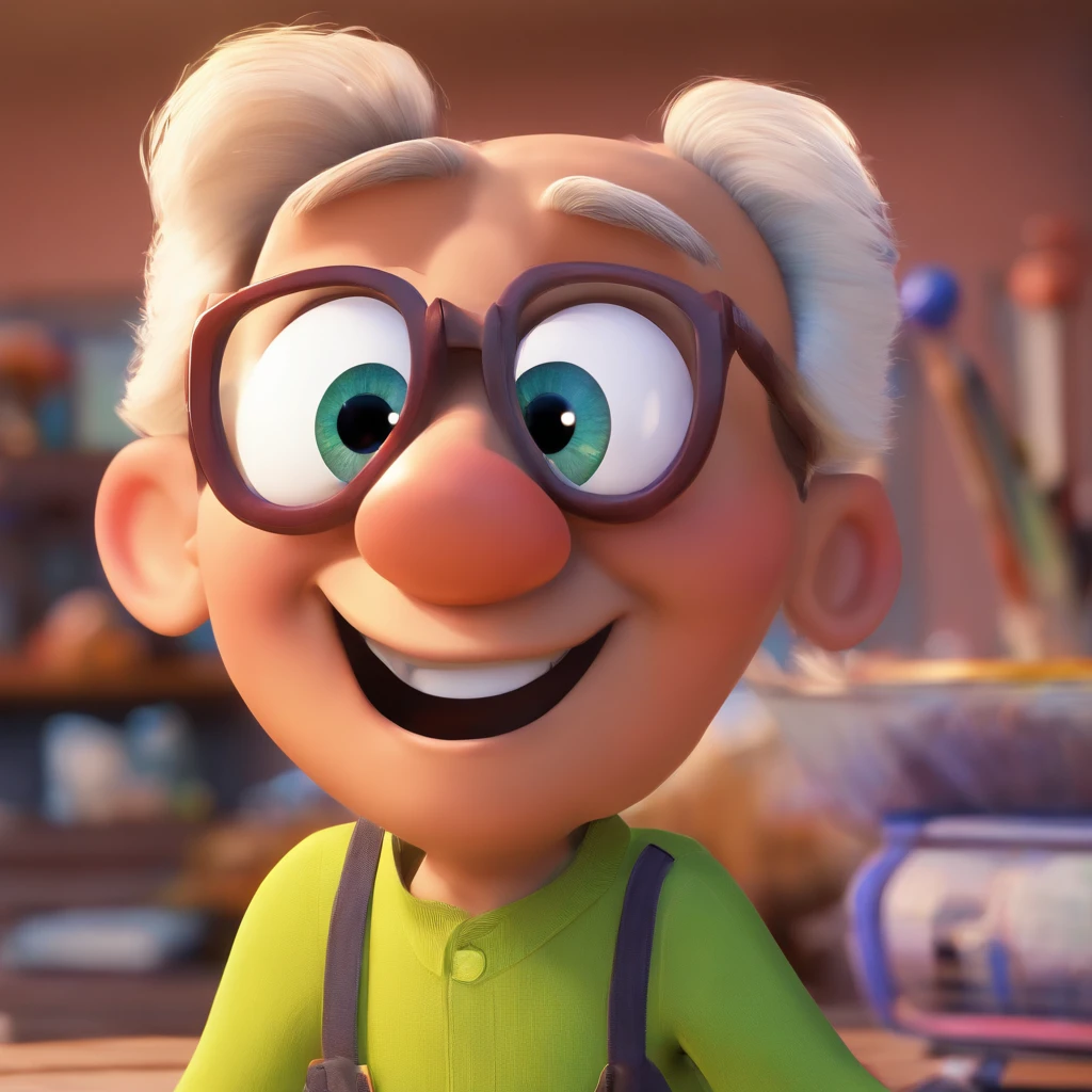 Crie um cartaz inspirado na Disney Pixar com o personagem sendo o deputado Keniston Braga, A white-haired man wearing glasses, the scene will be in Pixar's distinctive digital art style. Focus on character expressions, Vibrant colors and detailed textures present your animations, with the title " Keniston Braga no meio, Quero a cena dos principais filmes do PIXar