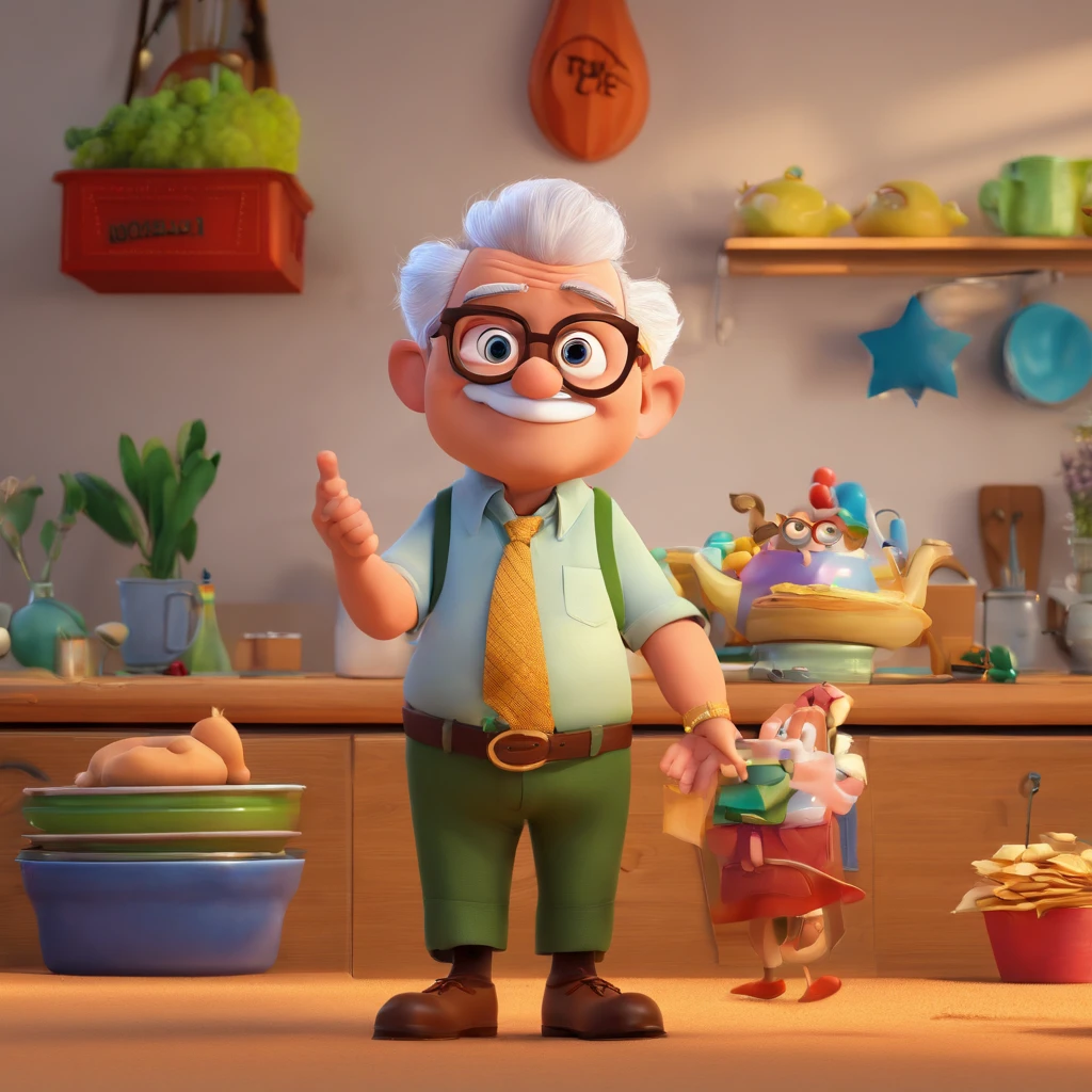 Crie um cartaz inspirado na Disney Pixar com o personagem sendo o deputado Keniston Braga, A white-haired man wearing glasses, the scene will be in Pixar's distinctive digital art style. Focus on character expressions, Vibrant colors and detailed textures present your animations, with the title " Keniston Braga no meio, Quero a cena dos principais filmes do PIXar
