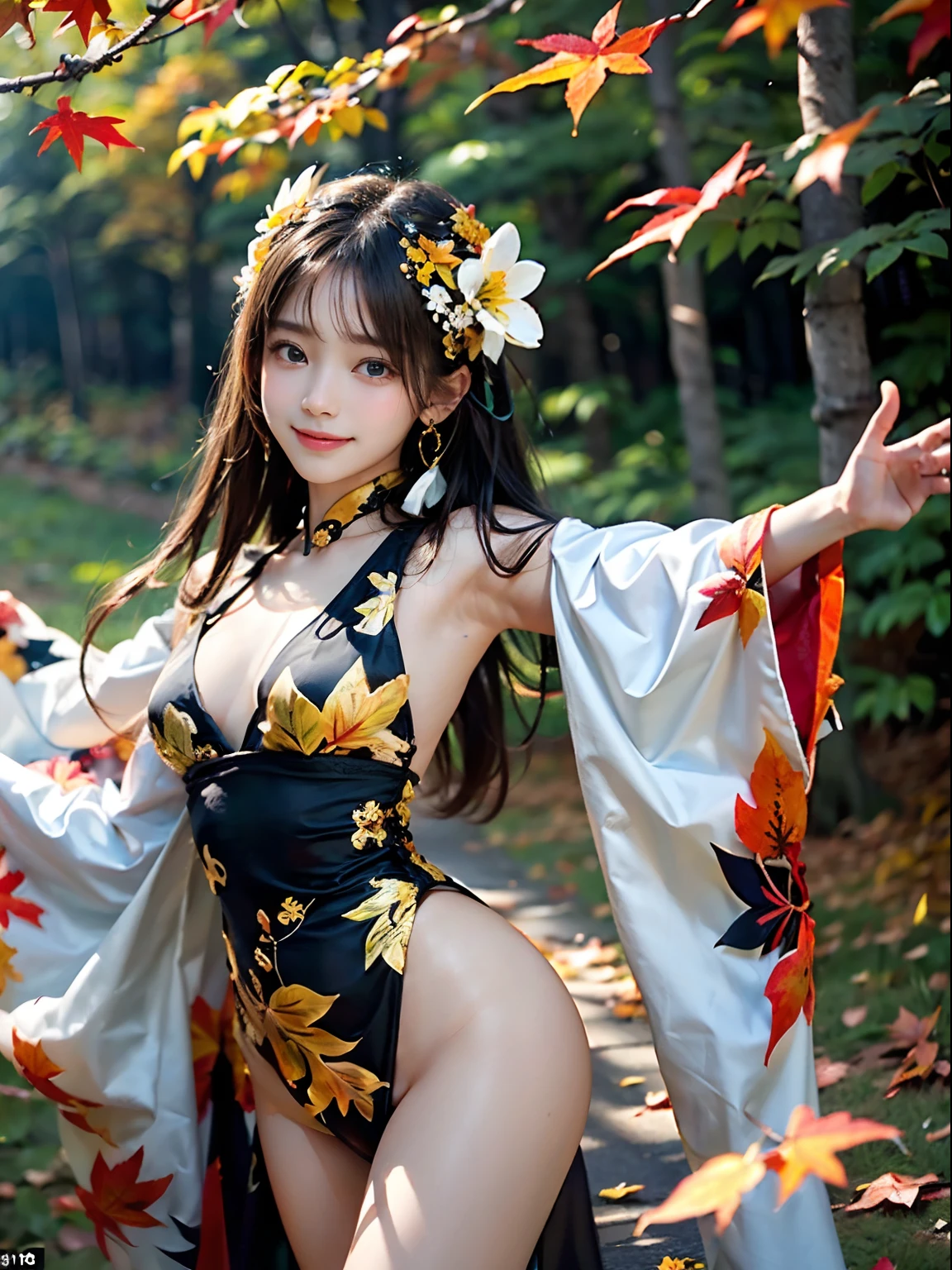 (Close-up portrait of a girl，She has small slender breasts，Colorful, colored splashing, Flying flowers, Solo, Hips up, Beautiful eyes, Long hair, Medium breast, Intricate damask hanfu, Gorgeous accessories, Wear pearl earrings)、(The girl stands at the edge of the screen and smiles with her arms outstretched:1.3)、(Beautiful autumn foliage background :1.3)、(Perfect anatomy:1.3)、(Complete hands:1.3)、(Complete fingers:1.3)、Photorealsitic、RAW photography、masutepiece、top-quality、A high resolution、delicate and pretty、face perfect、Beautiful detailed eyes、Fair skin、Real human skin、pores、((Thin legs))、(Dark hair)