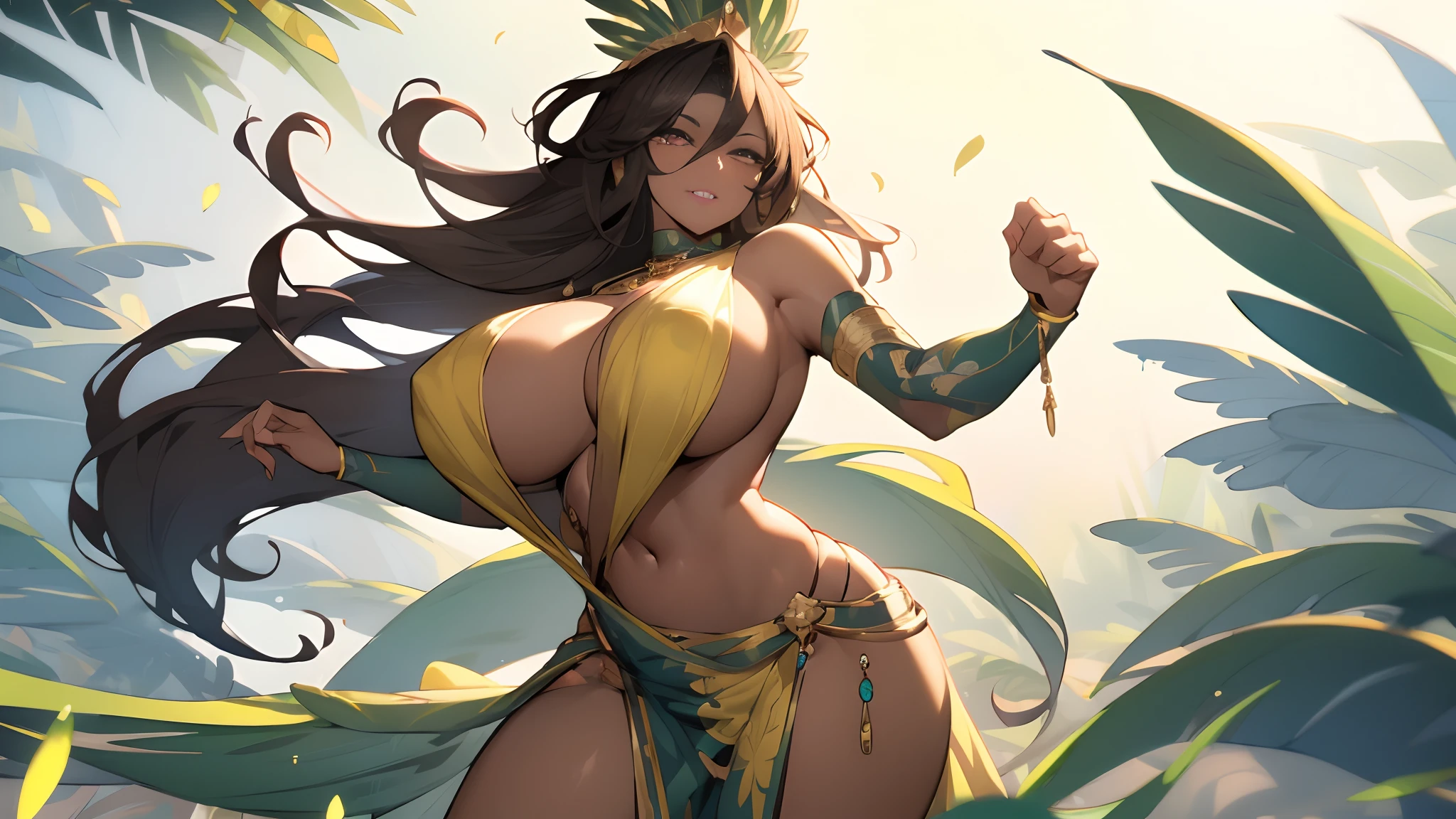 (dark brown skin:1.4), Wild Xavante India, extreme tanned skin, extreme long black straight hair messes over naked boobs, huge macaw blue parrot feather headdress, big cheeks, long legs, curvy, indigenous yellow and green breast painting, breast painted blue and yellow, indigenous yellow and green facial painting, huge macaw blue parrot feather necklace, honey eyes, full body image centered around the buxom young miller's exceptionally attractive with big breast and reavling exposed cleavage with wide hips and narrow waist and exuding an alluring and voluptuous physique that radiates warmth and sensuality, gisele bundchen, cheerfull and happy expression on her face, beautiful lips,detailed large eyes, Her eyes are a striking and inviting feature, realistic body details scar and fracture, extreme abnormally huge boobs, erotic fantasy, The image evokes feelings of sensuous eroticism, te and tranquil flower princess with soft hair dancing in the wind and intricately braided. Her sweet face has puffy, kissable lips and stunning, highly realistic eyes, hires eyes, 8k eyes, beautiful detail eyes, realistically shaded eyes, and realistic eyes in vibrant colors. She is wearing delicately detailed colourful fabric of gossamer silk and satin, midst of the most beautiful meadow in the world and is surrounded by beautiful flowers of varying sizes and colors, with delicate flowers dancing in the wind and creating a dynamic and compelling image