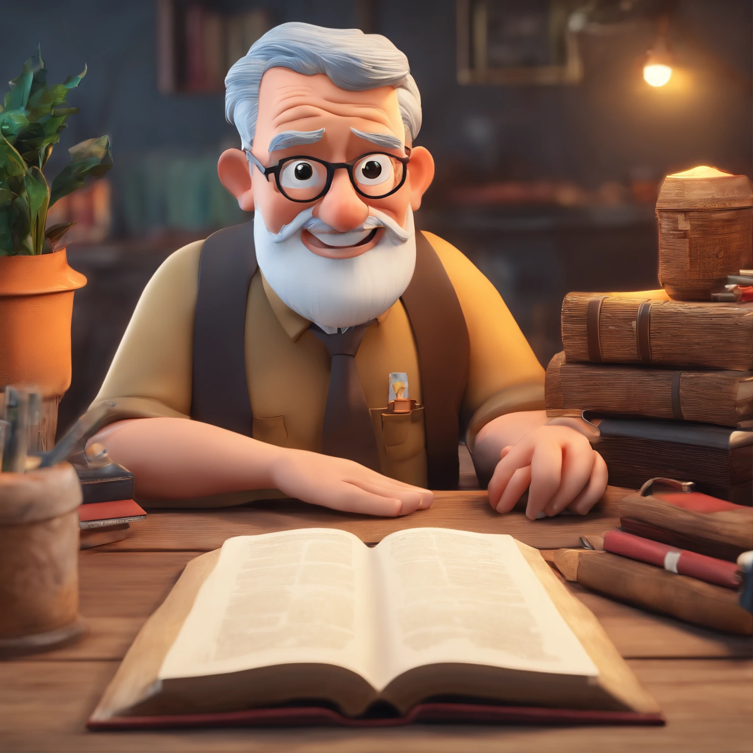 Crie um cartaz inspirado na Disney Pixar com o personagem sendo o pastor Rubens Janier, A gray-haired man wearing glasses, in an office with a Bible on the table