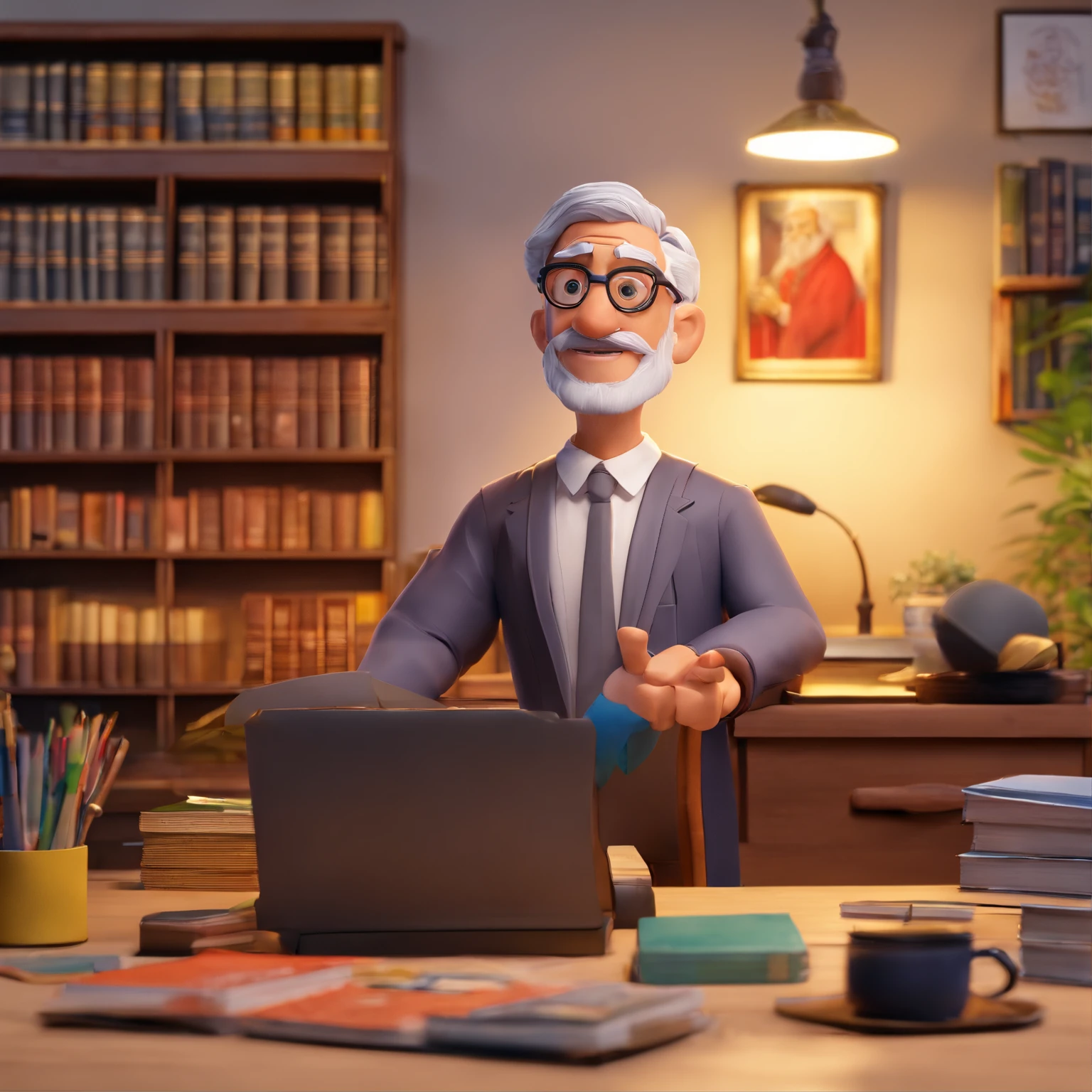 Crie um cartaz inspirado na Disney Pixar com o personagem sendo o pastor Rubens Janier, A gray-haired man wearing glasses, in an office with a Bible on the table