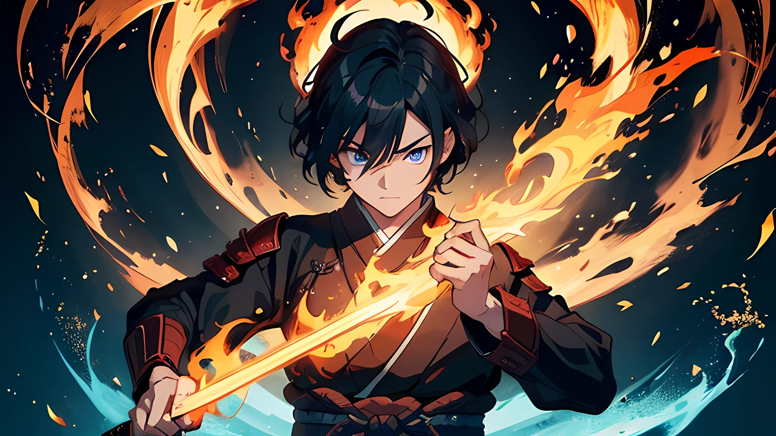 a young male samurai, wearing samurai armor. he is a righteous samurai who fight demon. he hold a sword with flames coming out from his sword. The background is a swirling flame in Katsushika Hokusai style. stood in front of a huge transparent glowing flame. Has a demonic aura on his body. Masterpiece, high-resolution, detailed eyes, blue eye color, full body. dramatic lighting.