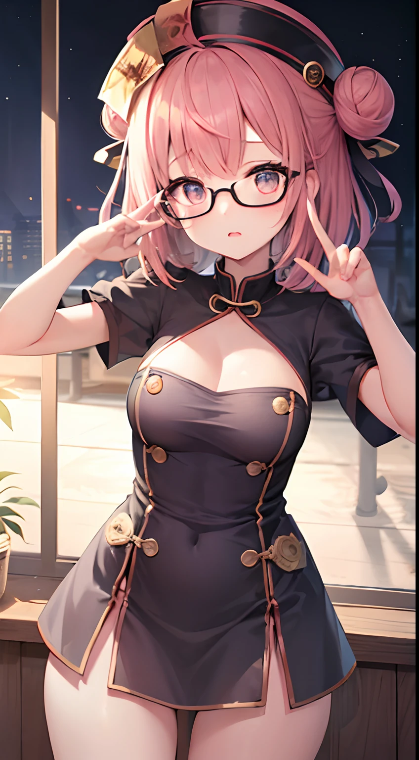 1girl, (()), short height, breasts, (((bright pink twin hairbuns))), sideswept parted front hair, deep pinkneyes, black round square rimmed glasses, anime girl jiangshi costume, side dress v-cut, jiangshi hat, standing, neutral expression, dark, moonlight, night:1.0, graveyard, ((dark grey theme:1.1)), looking at viewer