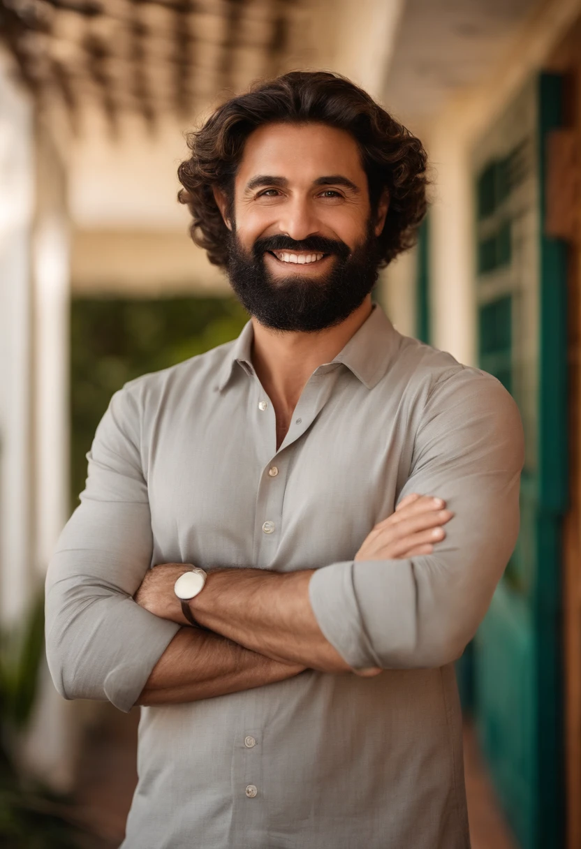 Eu gostaria de um poster man de filme 3D da Disney Pixar, Branco, 35 anos, com barba baixa e barba, cabelo de corte baixo, olhos pequenos, sorridente, com nariz achatado, com camisa branca sem gravata, brasileiro, humilde, cor marrom , tirar uma selfie. This man is close to a family, Pai, Todo feliz e sorridente. Contra o pano de fundo da cidade do Brasil com casas ao fundo, natural lighting, Um dia limpo e ensolarado, with a happy population.