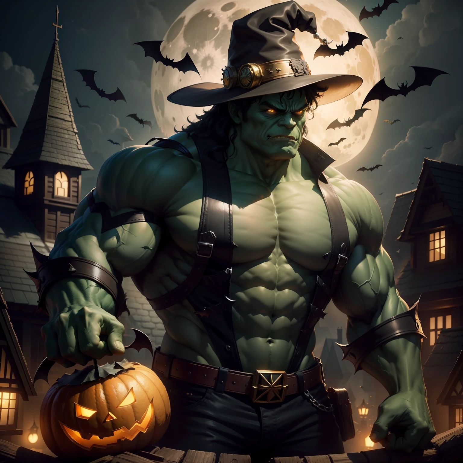 Hulk wears a Halloween hat.，（master-piece，bestquality：1.2），Best Lights，best shadows，Show background, . . . . . . . . . . . . .bat,full big moon,Old House,Broken Gold,stylized 3d render