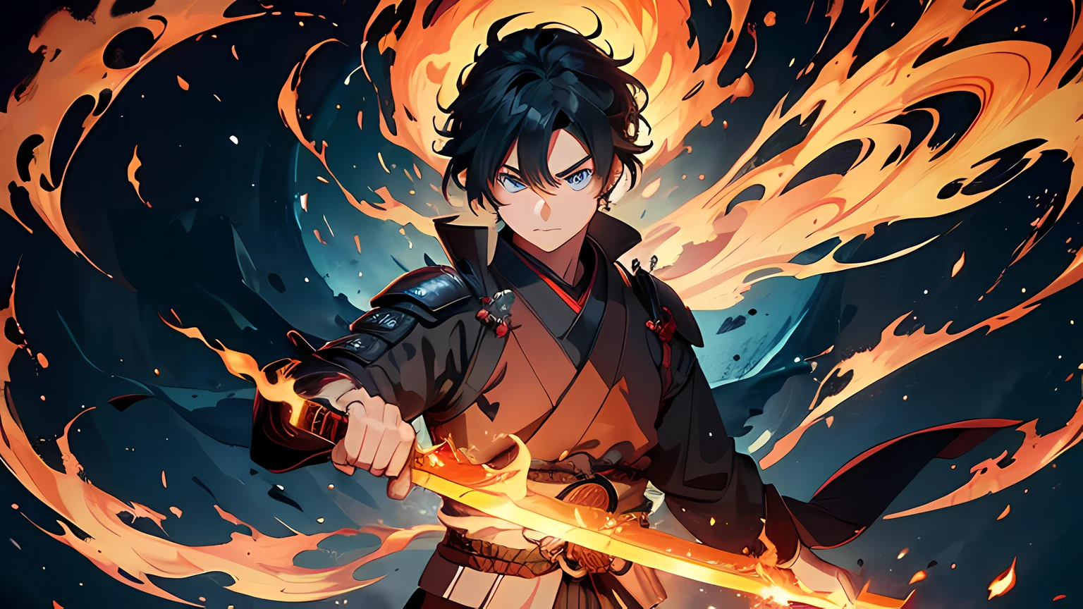 a young male samurai, wearing samurai armor. he is a righteous samurai who fight demon. he hold a sword with flames coming out from his sword. The background is a swirling flame in Katsushika Hokusai style. stood in front of a huge transparent glowing flame. Has a demonic aura on his body. Masterpiece, high-resolution, detailed eyes, blue eye color, full body. dramatic lighting.