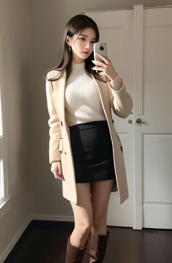 Mirror in the room,long leges,blackstockings,skirt suit,Boots,Sweaters,best qualtiy,tmasterpiece,超高分辨率,(真实感:1.4),RAW photogr,Photorealistic、Photography、masutepiece、top-quality、high resolution, delicate and pretty、face perfect、Beautiful detailed eyes、Fair skin、Real human skin、pores、((Thin legs))、(Dark hair(perfect bodies:1.1),long whitr hair,(dynamicposes),((Dynamic background((volumettic light:1.3)),coat large,a skirt,Bare-legged artifact,Boots,fully body photo,standing straight,Take a selfie with your phone,masutepiece、top-quality、high resolution, delicate and pretty、face perfect、Beautiful detailed eyes、Fair skin、Real human skin、pores、((Thin legs))、(Dark hair)