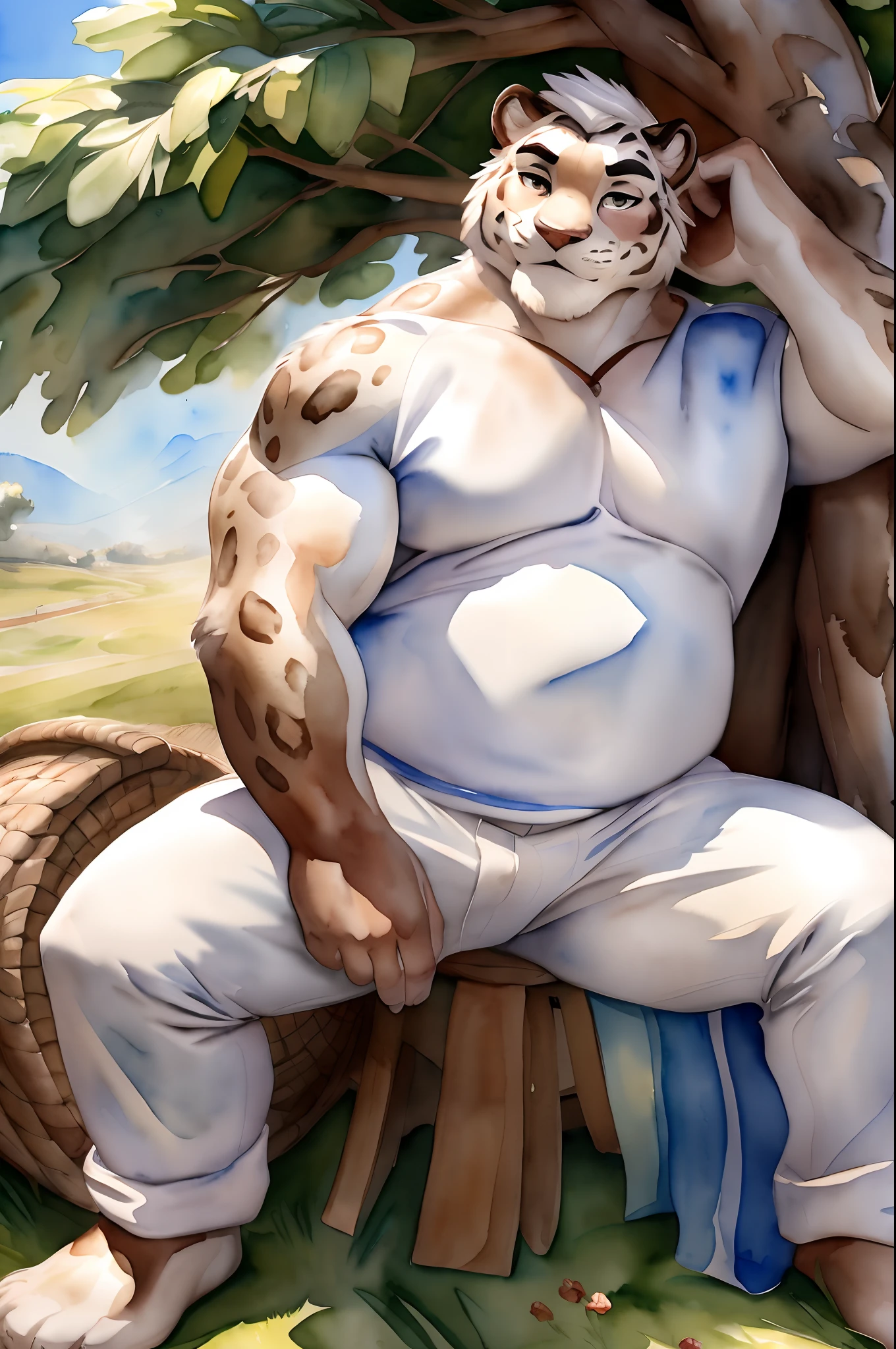 Hominidae, Pose for Camera. 4K, high resolution, Best quality, posted on e621, (Solo:1.2), Anthropomorphic white leopard, male people, 16 yaers old, Thick eyebrows, White fur, Strong body, large pecs, ((Shirtless, short white pants)), Small raised, Pink milk clusters, Leaning against a big tree, Take a fan, grassy fields, Dappled light and shadow, (sport, Muscular, Heavyweight:1.2), ((Sit in the shade)), Solo, Correct anatomy, (White background, Watercolor background:1.1), (by Chunie, author：Taran Fidler:0.8), (Detailed eyes:1.2), Sexy, (cel-shaded:1.2), cartoon shading, (aquarelle:1.2), ssmile, Be red in the face, (view the viewer:1.2), Bright eyes, Front view