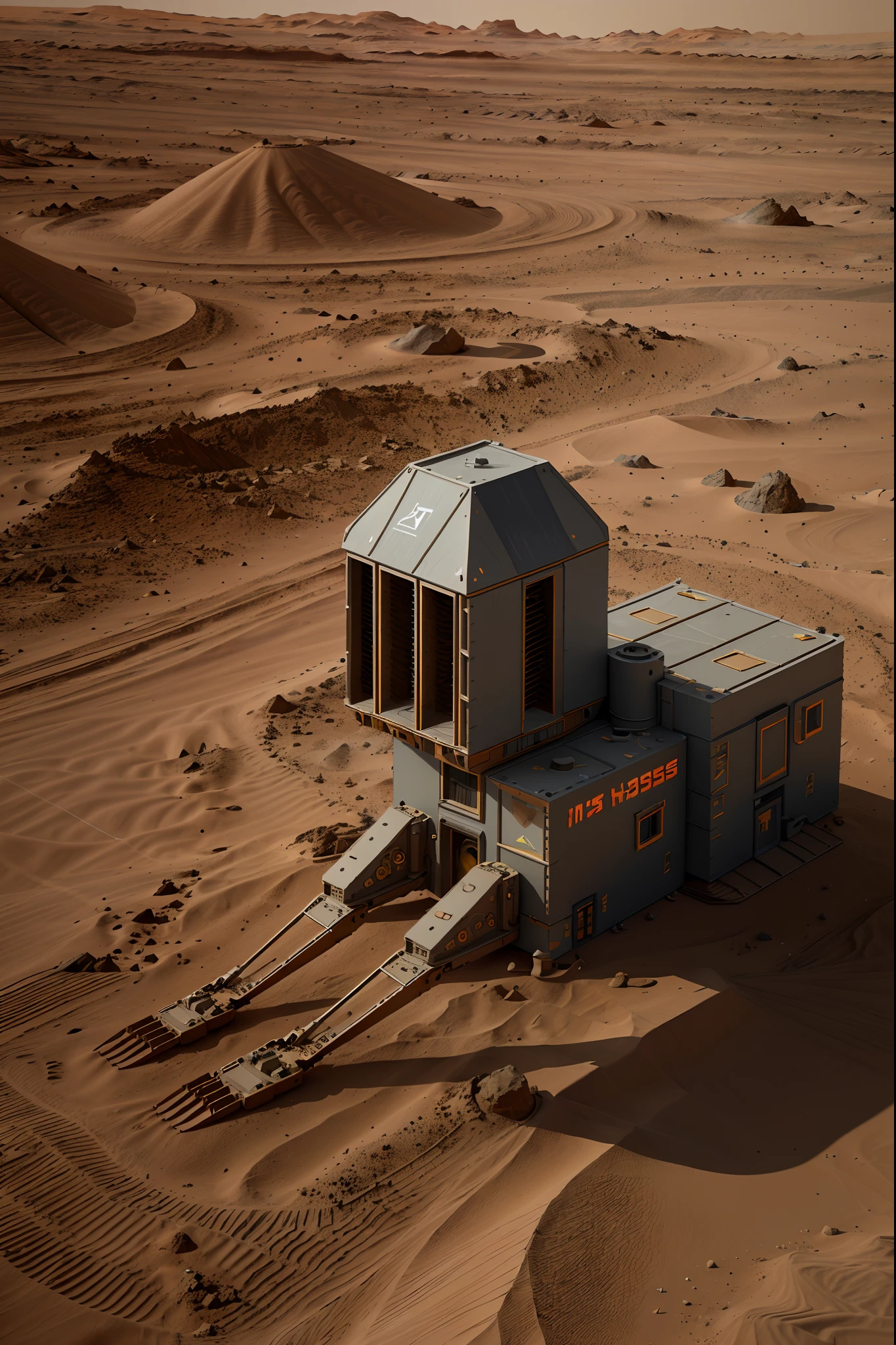 There are many houses on the desolate Mars that use materials from Mars，Realism，There is a robotic arm construction vehicle with a nozzle building a house