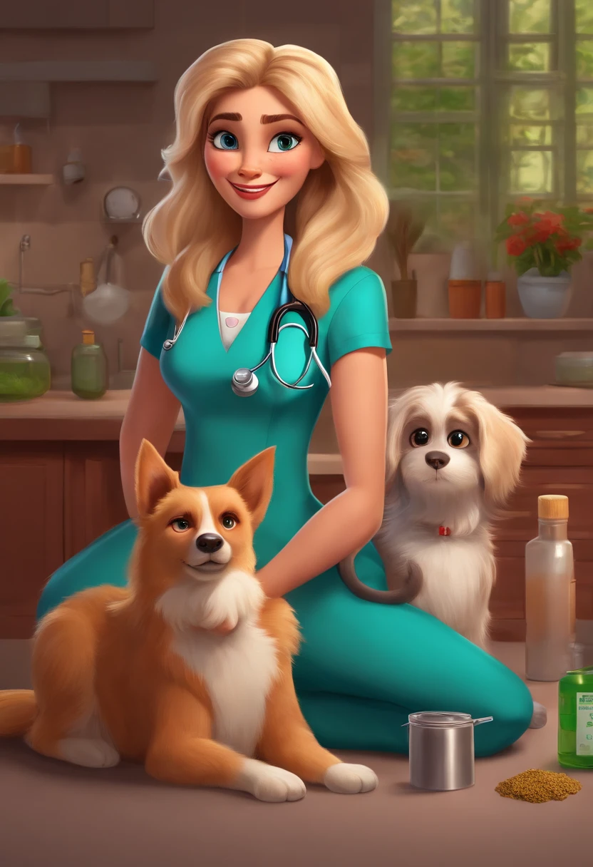 Create a pixar-style character blonde veterinarian wearing scrubs and a stethoscope, holding a bottle of cannabis medication, with long hair, hazel eyes, with dog and a cat with her