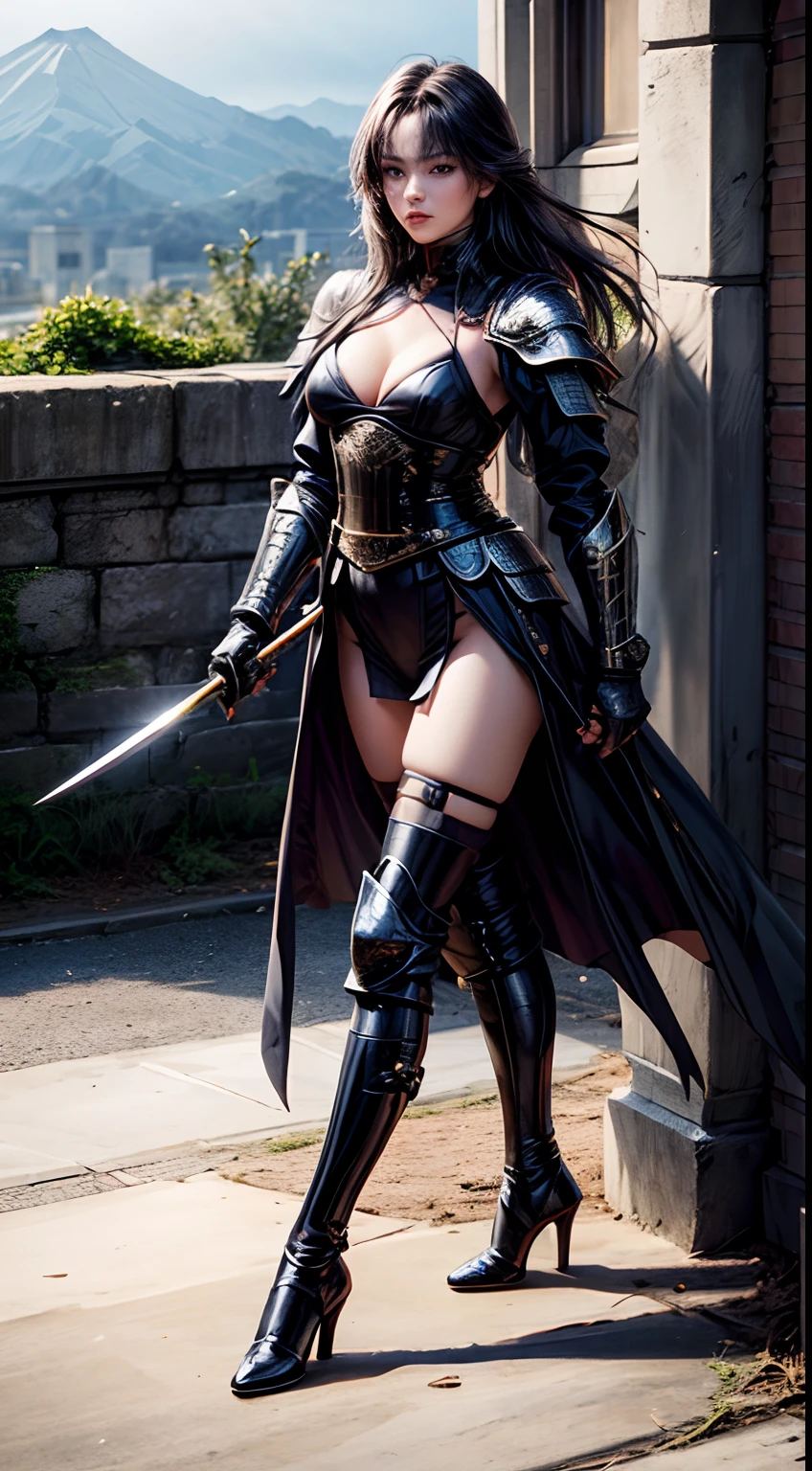 Pretty women, 20yr old,Solo,Japanese,Black Armor,high heels boots,Full body portrait,Female Warrior,Slender body,holding swords,robe,Manteau,Perfect face and nice perfect face, Surreal concept, 8K resolution, photographic quality, Walk through the ruins, Photorealistic,A detailed eye,Diagonal angle,