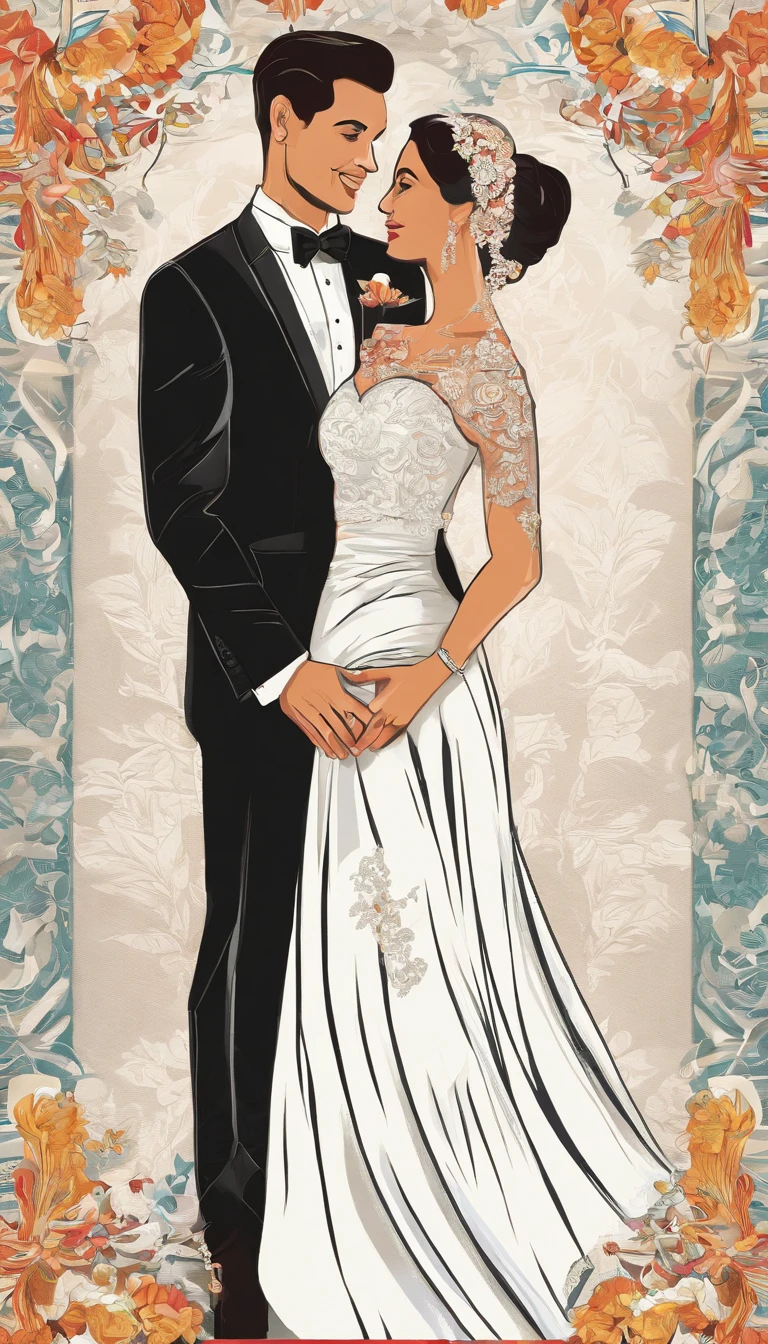 Create a wedding custom illustration with fabric embroidery features, with a flat and abstract style, strong visual and graphic sense, and high color saturation.