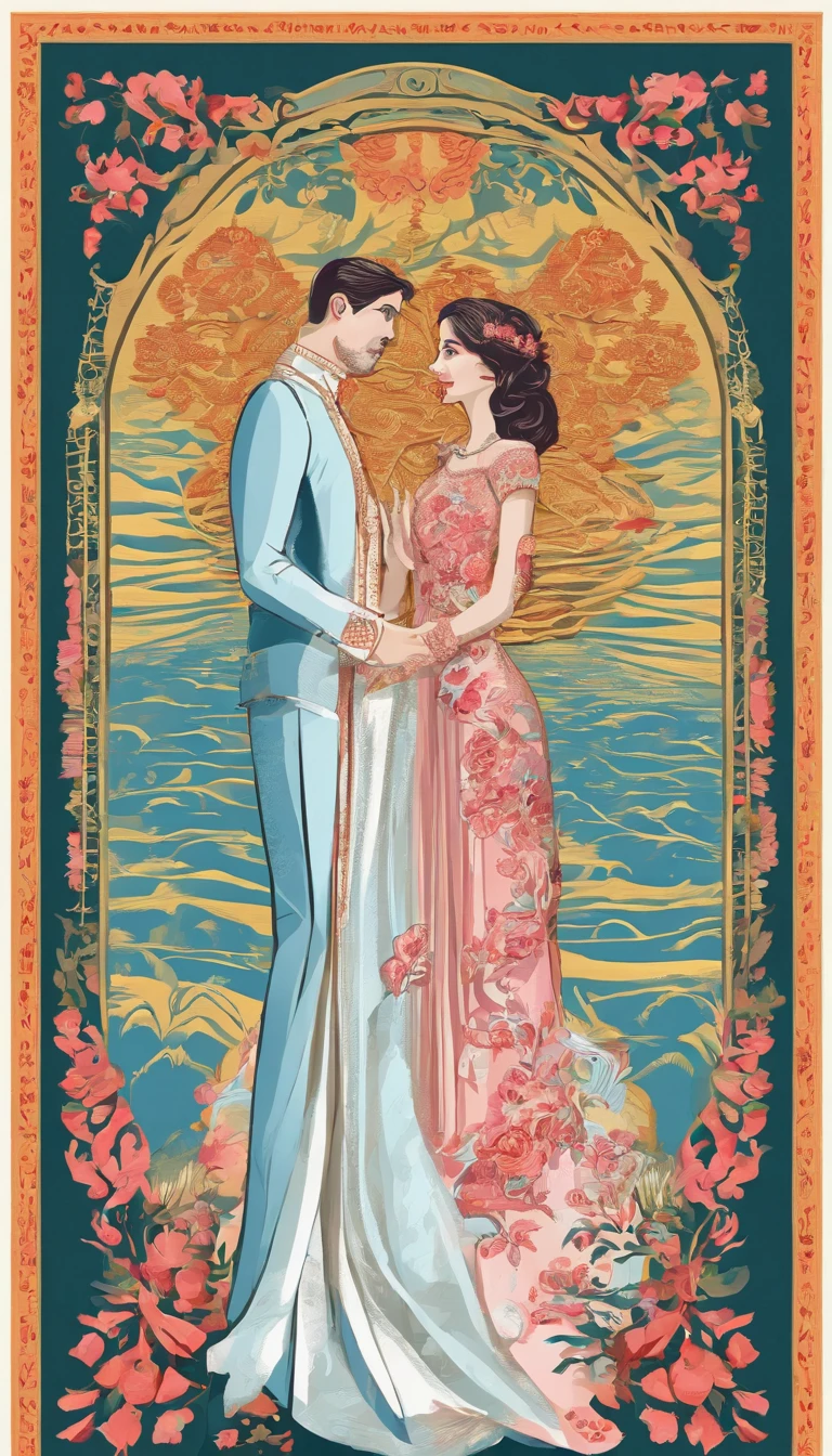 Create a wedding custom illustration with fabric embroidery features, with a flat and abstract style, strong visual and graphic sense, and high color saturation.