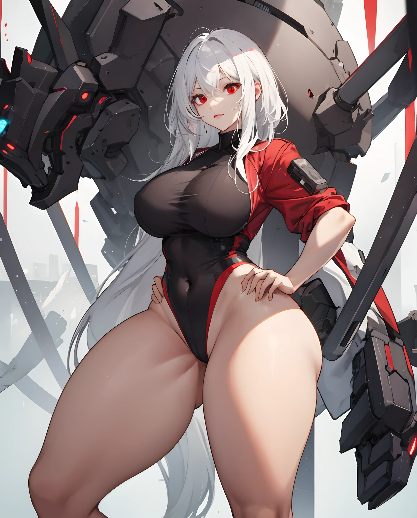 Skinny, big , wide hips, thick thighs, red eyes, white hair