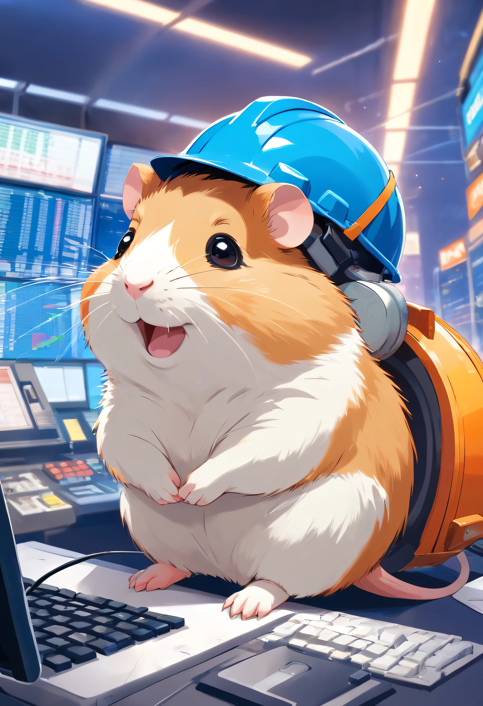 Happy hamster, Hold the instrument, Hard hat on the head, Trading on the stock exchange，frontage，Blue tooling，head portrait