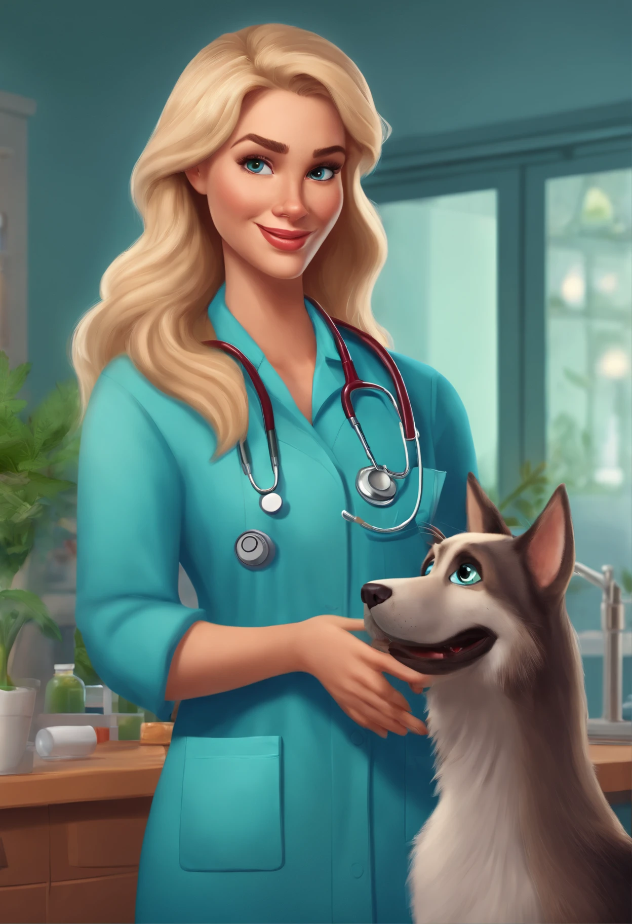 Create a pixar-style character blonde veterinarian wearing scrubs and a stethoscope, holding a bottle of cannabis medication, with long hair, hazel eyes, with dog and a cat with her