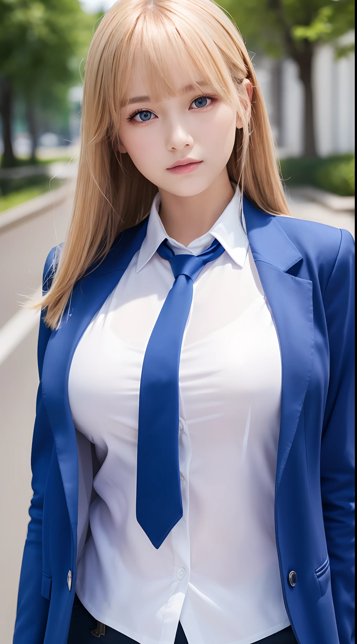 masutepiece,Best Quality,Ultra-detailed,finely detail,hight resolution,in 8K,((Photorealsitic:1.4,Raw photography,超A high resolution,Top image quality:1.4)),masutepiece、Best Quality、 ultra-detailliert、hight resolution、8K Wallpapers、Perfect dynamic composition,、Beautiful detailed eyes、(Beautiful breasts:1.1) 、Blue Blazer、student clothes、white shirt、red necktie、1girl in、a beauty girl、High school students、Blonde head hair、short-cut、Hide the left eye with bangs、Red Eyes、