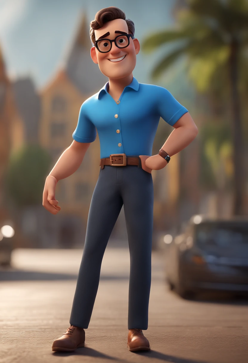 Cartoon character of a man with black glasses and a blue shirt, animation character, Caractere estilizado, animation style rendering, 3D estilizado, Arnold Maya render, 3 d render stylized, toon render keyshot, Personagem 3D, Personagem 3D, 3d rendering stylized, 3 d character render, personagem de desenho animado, Personagem de close up, Pose de personagem, (Estilo Pixar) (master part:1.2) (Bokeh) (best quality) (pele detalhada) (textura detalhada) (8k) (argila) (Cinematic lighting) (foco nítido