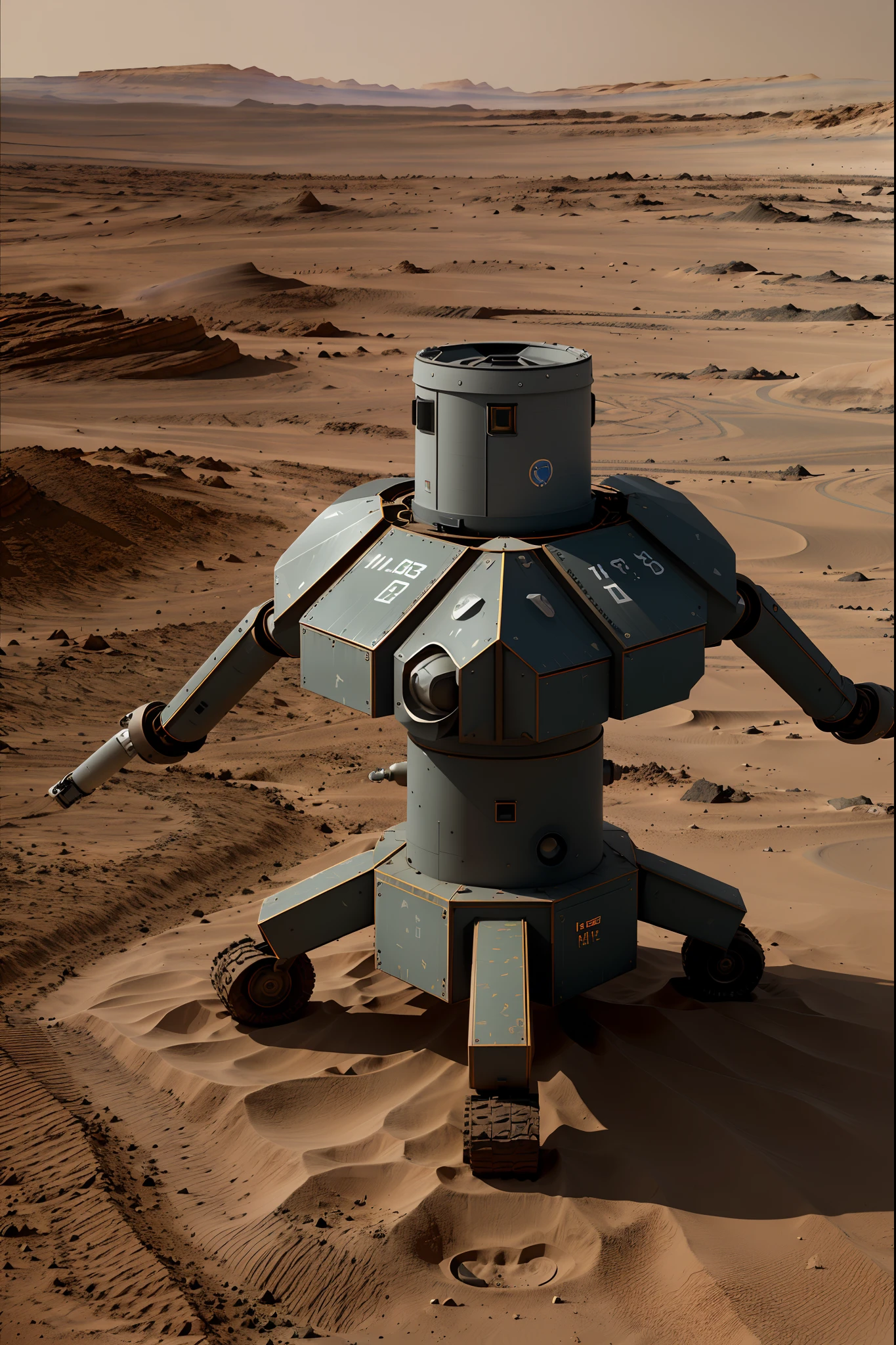 There are many houses on the desolate Mars that use materials from Mars，Realism，There is a robotic arm construction vehicle with a nozzle building a house