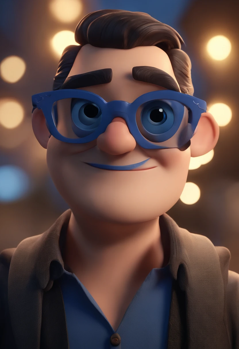 Cartoon character of a man wearing black glasses and a blue shirt, um personagem animado, Caractere estilizado, animation style rendering, 3D estilizado, Arnold Maya render, 3 d render stylized, toon render keyshot, Personagem 3D, Personagem 3D, 3d rendering stylized, 3 d character render, personagem de desenho animado, Personagem de close up, Pose de personagem, (Estilo Pixar) (master part:1.2) (Bokeh) (best quality) (pele detalhada) (textura detalhada) (8k) (argila) (Cinematic lighting) (foco nítido,Senta e vaza a parte superior do corpo