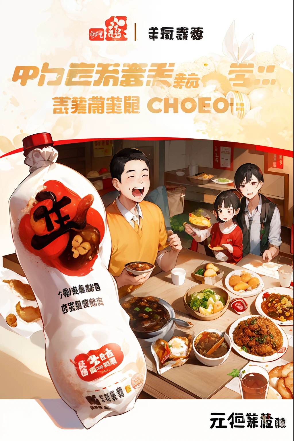 there is a poster with a picture of a family eating a meal, food advertisement, weibo, ad image, Chiba Yuda, tang mo, coka-cola advertisement, 8k octan advertising photo, daopao, food commercial 4 k, overlaid with chinese adverts, Wang Chen, drink