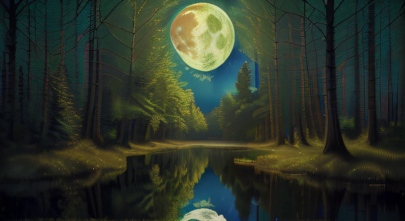 (best quality,4k,8k,highres,masterpiece:1.2),ultra-detailed,(realistic,photorealistic,photo-realistic:1.37),van gogh style painting,forest lake,mosaic style,colorful,impressionistic,shimmering stars,reflection,majestic moon,serene atmosphere,detail-rich landscape,surreal lighting,magic realism.