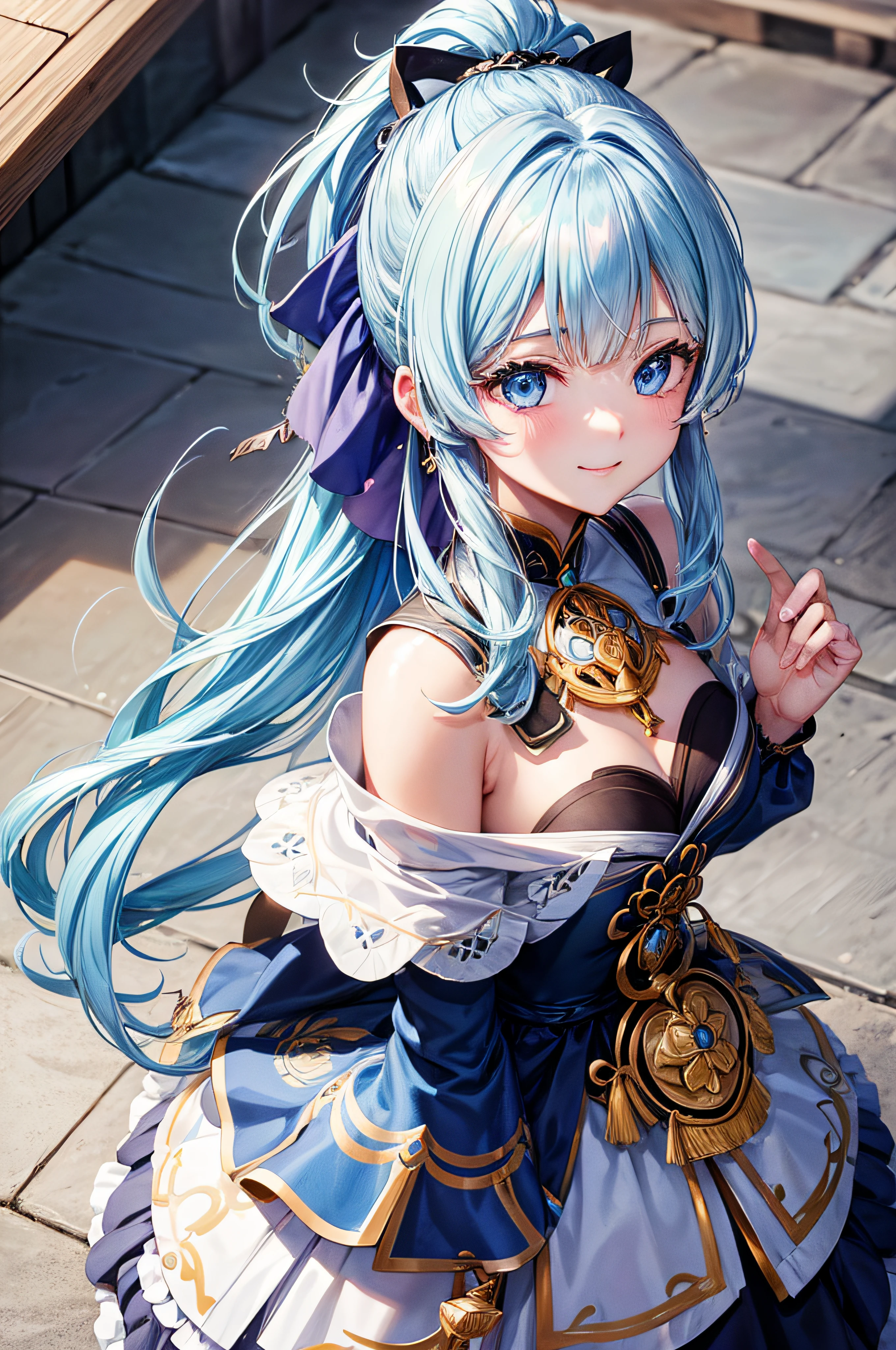 (masterpiece), (best quality), (ultra detailed),(disheveled hair),(illustration), (1girl), standing, smiling, beautiful detailed eyes, light blue eyes, detailed beautiful face, (kamisato ayaka: 1.2), focus on face,  ponytail, kamisato ayaka(genshin impact), light blue hair, detailed hair, bangs, best lighting, best shadow, highly detailed, vibrant