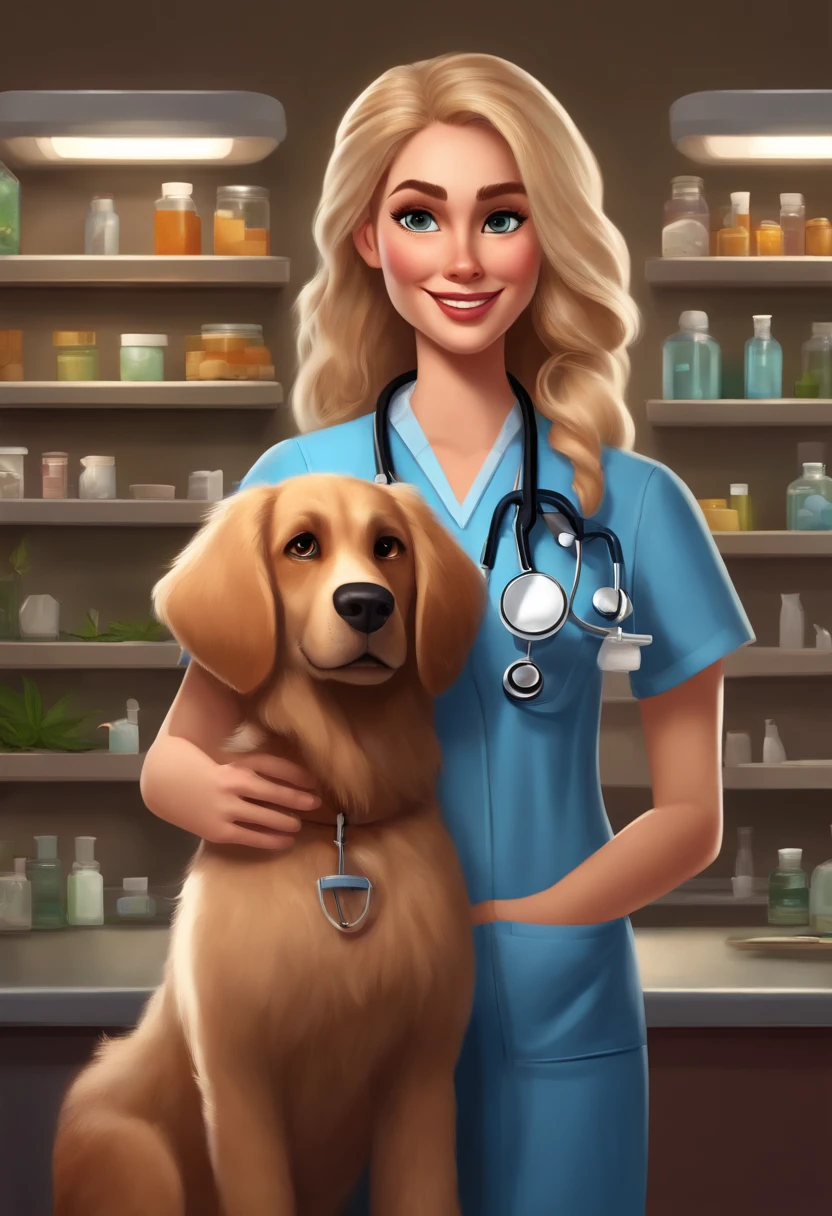 Create a pixar-style character blonde veterinarian wearing scrubs and a stethoscope, holding a bottle of cannabis medication, with long hair, hazel brown eyes, with dog and a cat with her